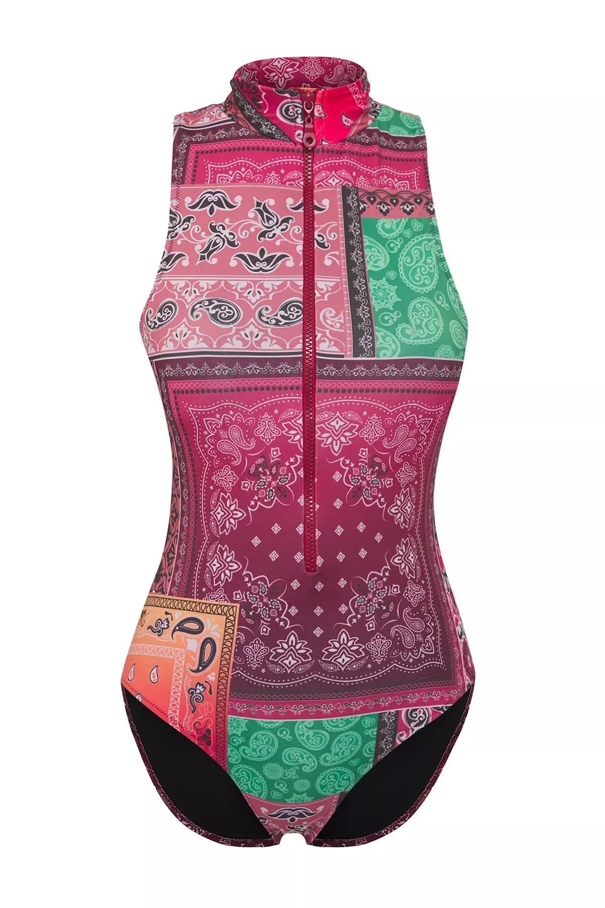 Multicolour Patterned Halter Neck Swimsuit, , large image number 4