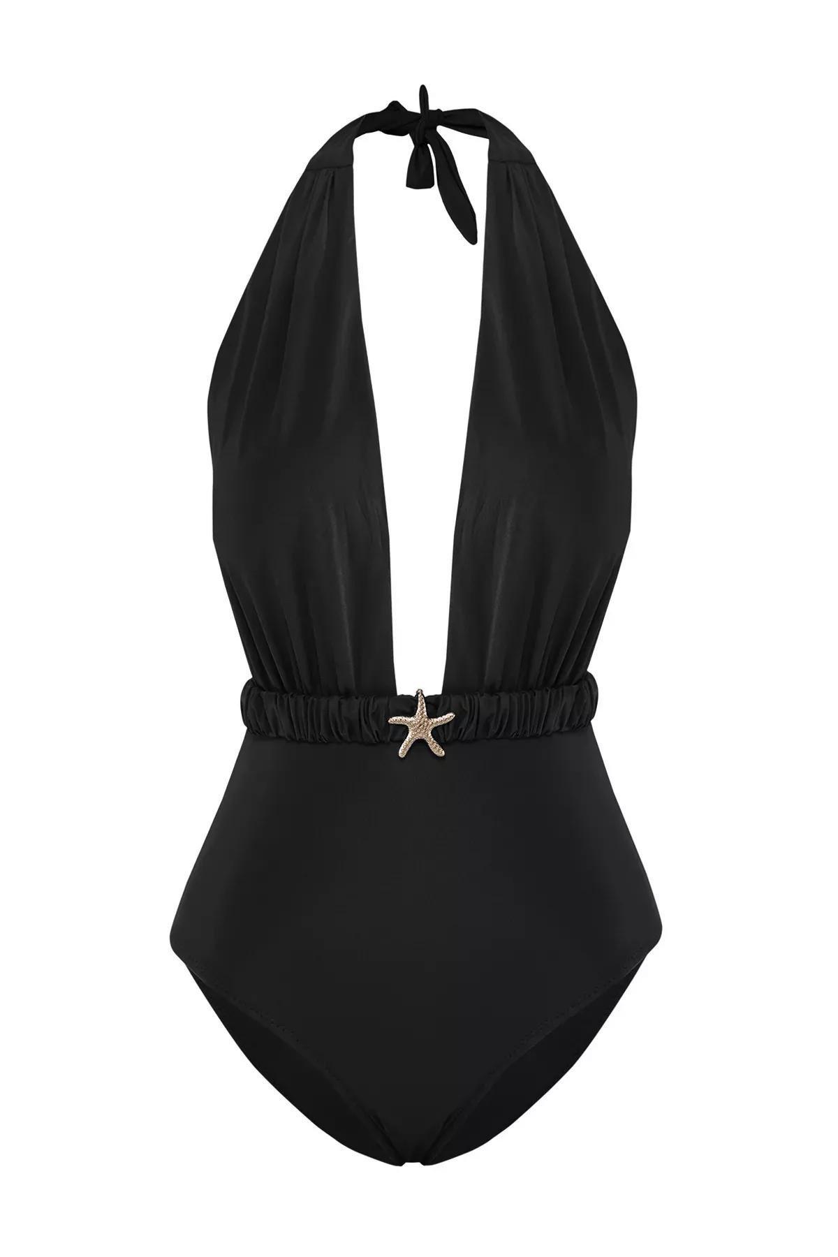 Black V-Neck Regular Swimsuit, , large image number 0