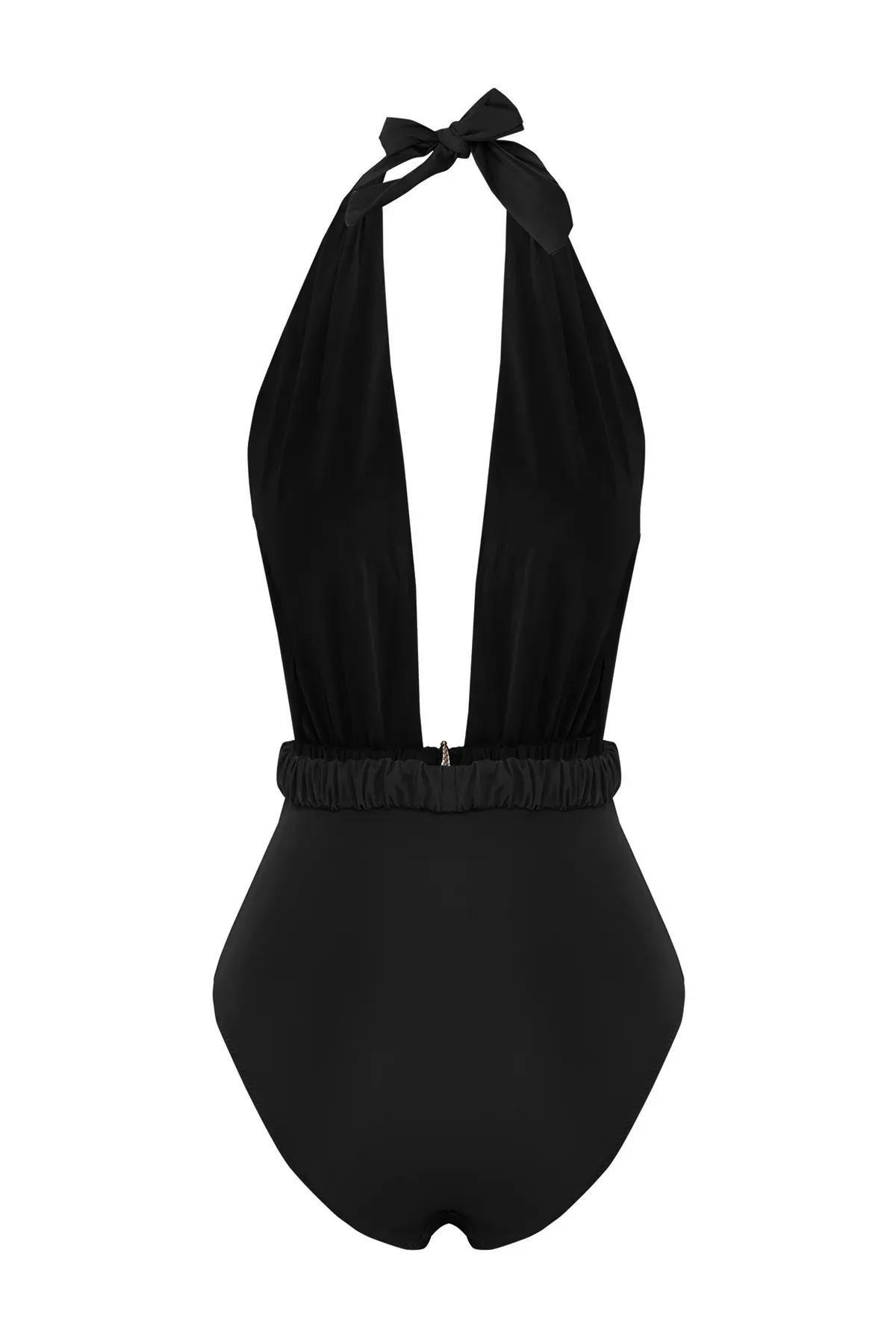 Black V-Neck Regular Swimsuit, , large image number 2