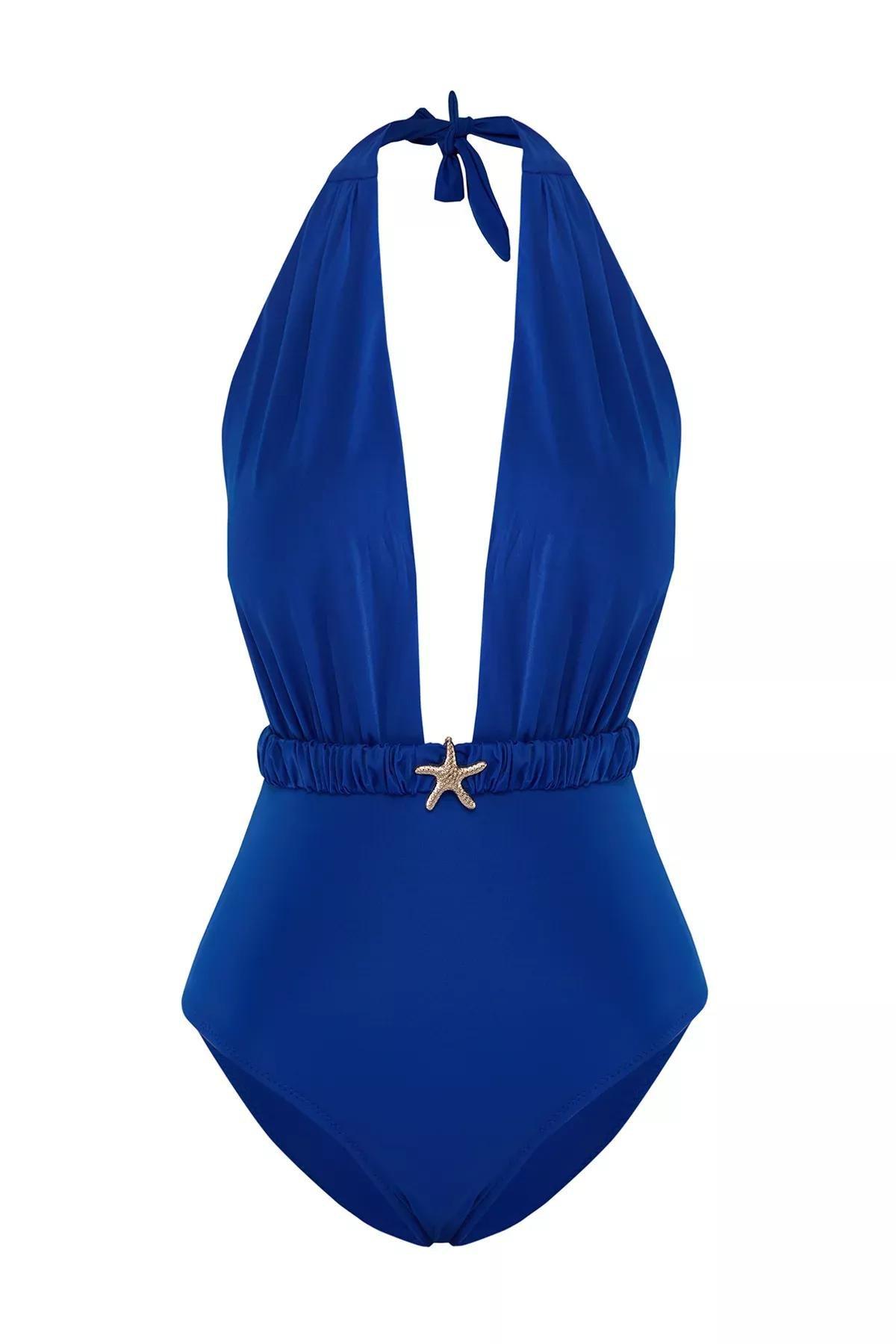Blue Deep V-Neck Star Accessory Swimsuit, C101_6714, large image number 0