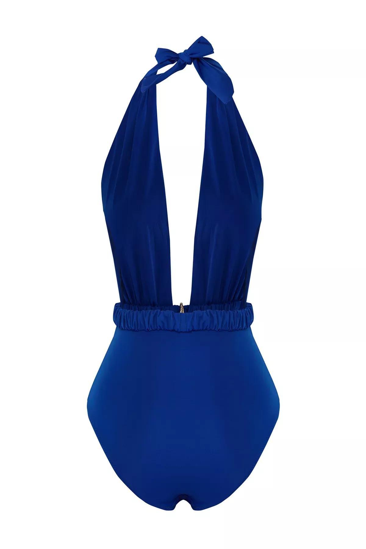 Blue Deep V-Neck Star Accessory Swimsuit, C101_6714, large image number 3
