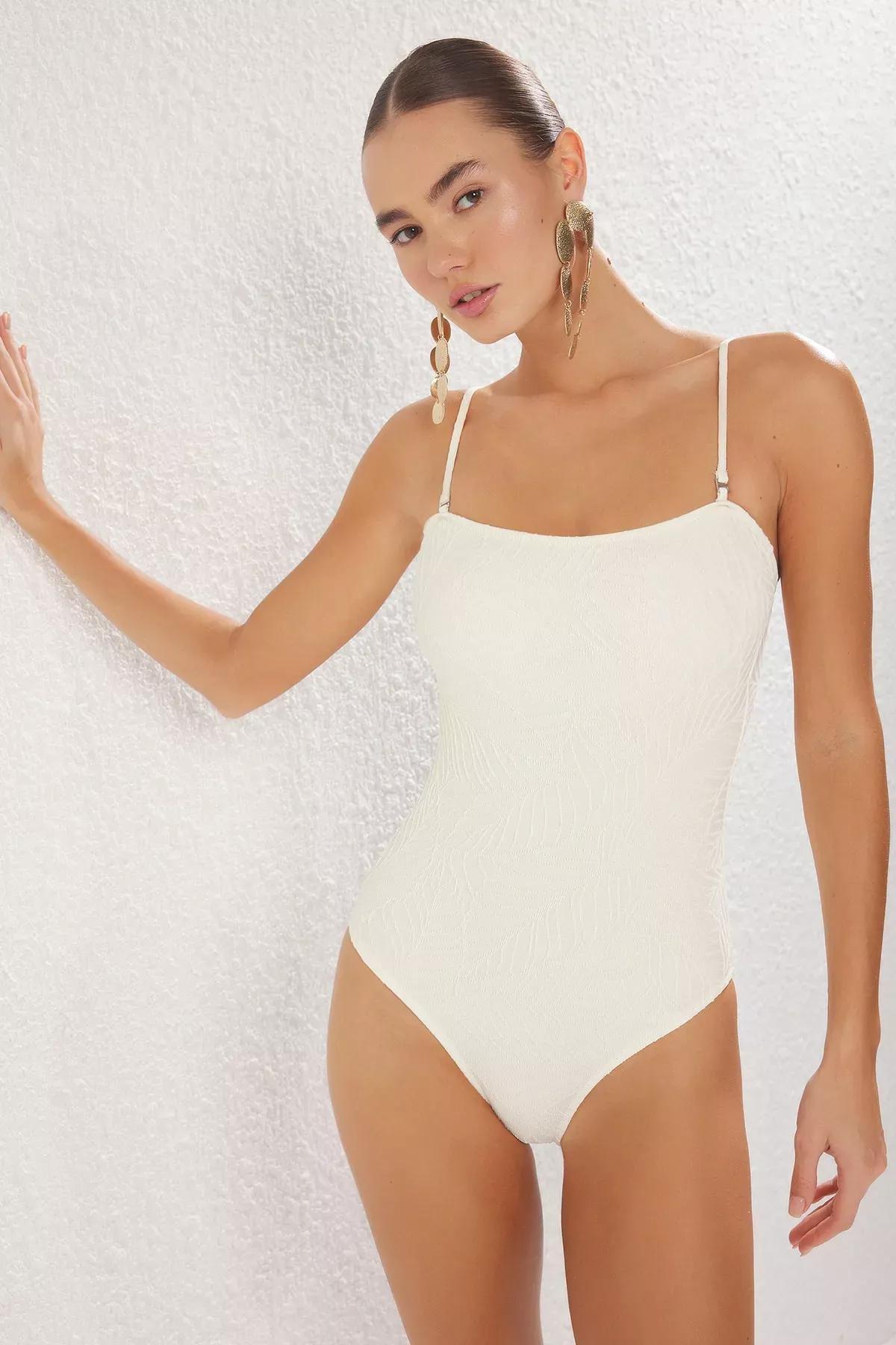 Beige Strapless Leaf Patterned Swimsuit, , large image number 1