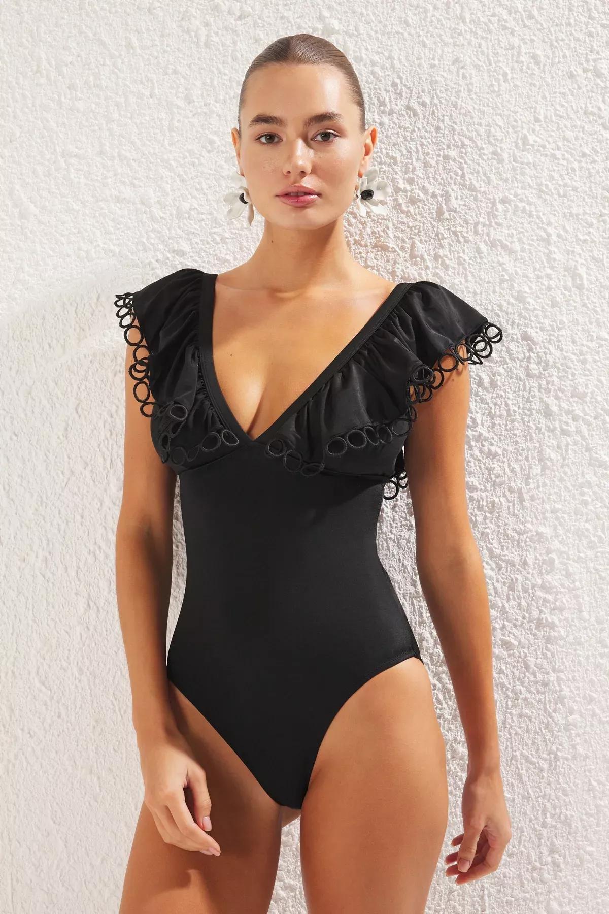 Black V-Neck Flounce Swimsuit, , large image number 0