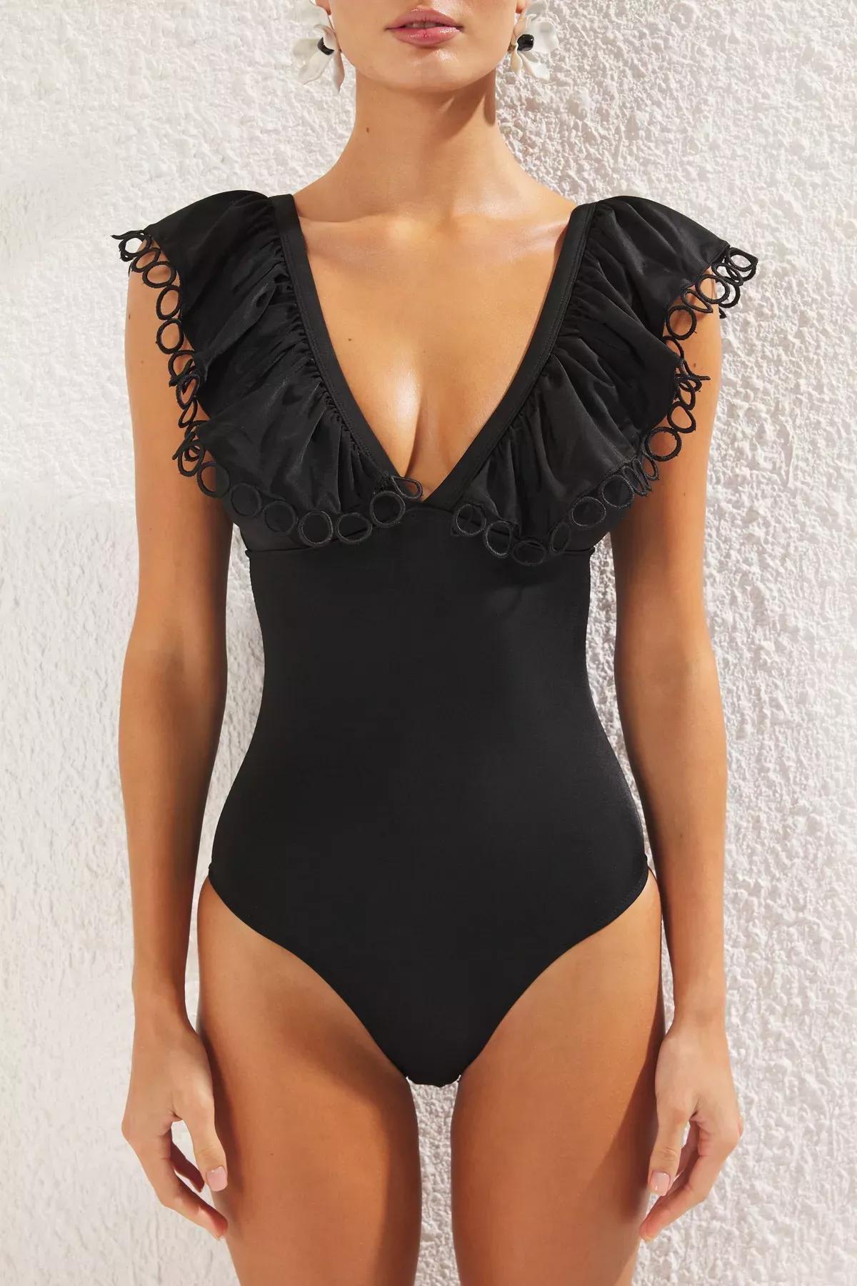 Black V-Neck Flounce Swimsuit, , large image number 2