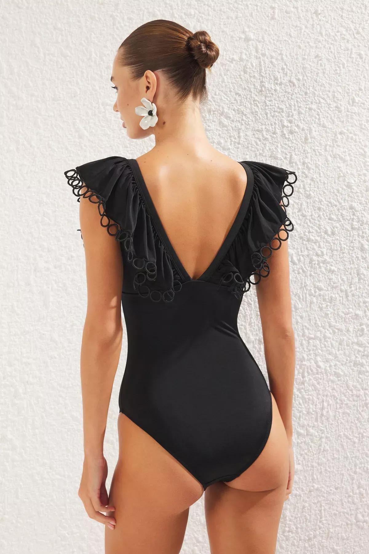 Black V-Neck Flounce Swimsuit, , large image number 3