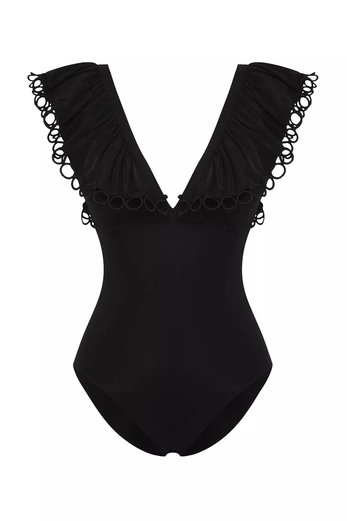 Black V-Neck Flounce Swimsuit, , large image number 4