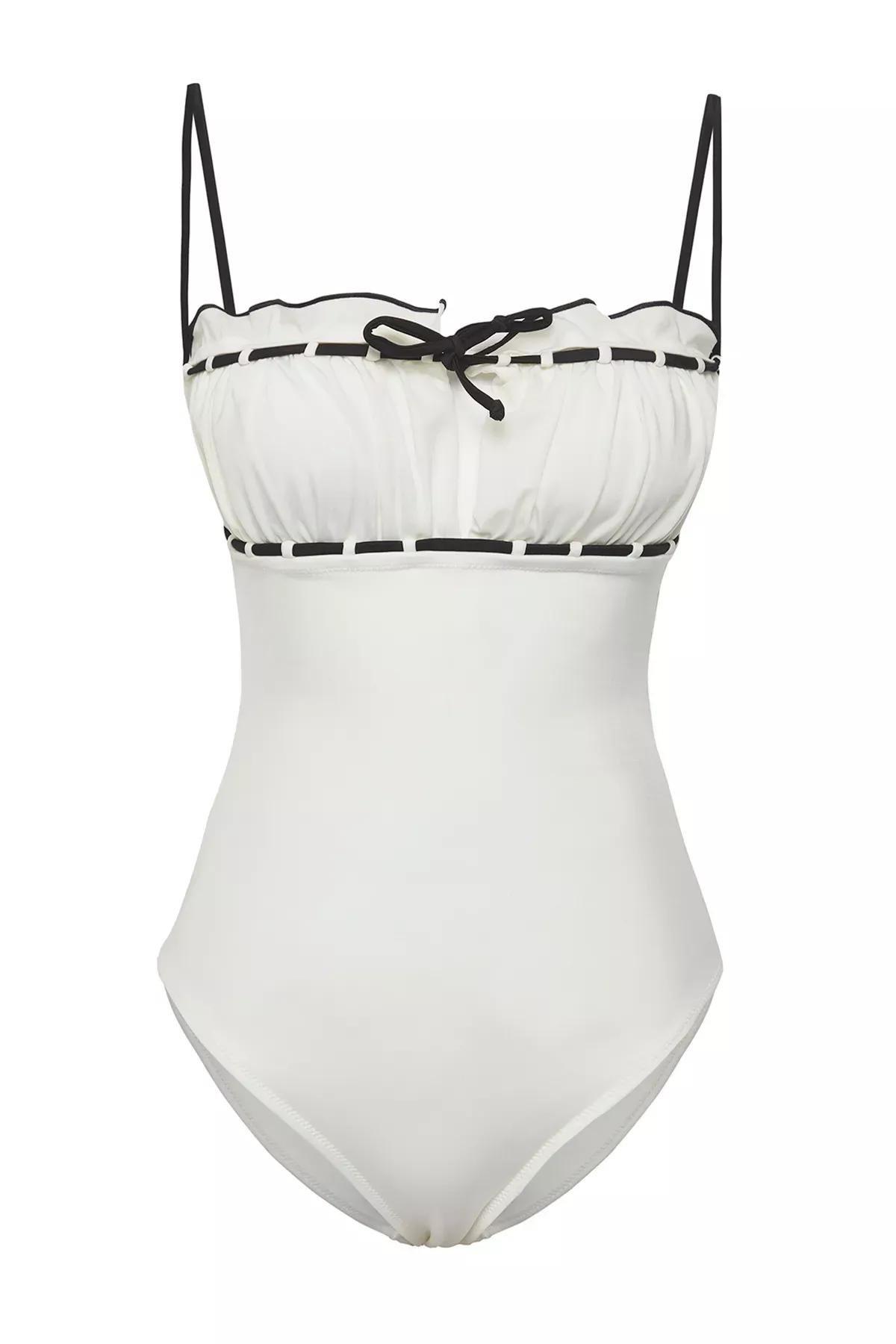 Black Strapless Tie Detail Ruffle Swimsuit, , large image number 4