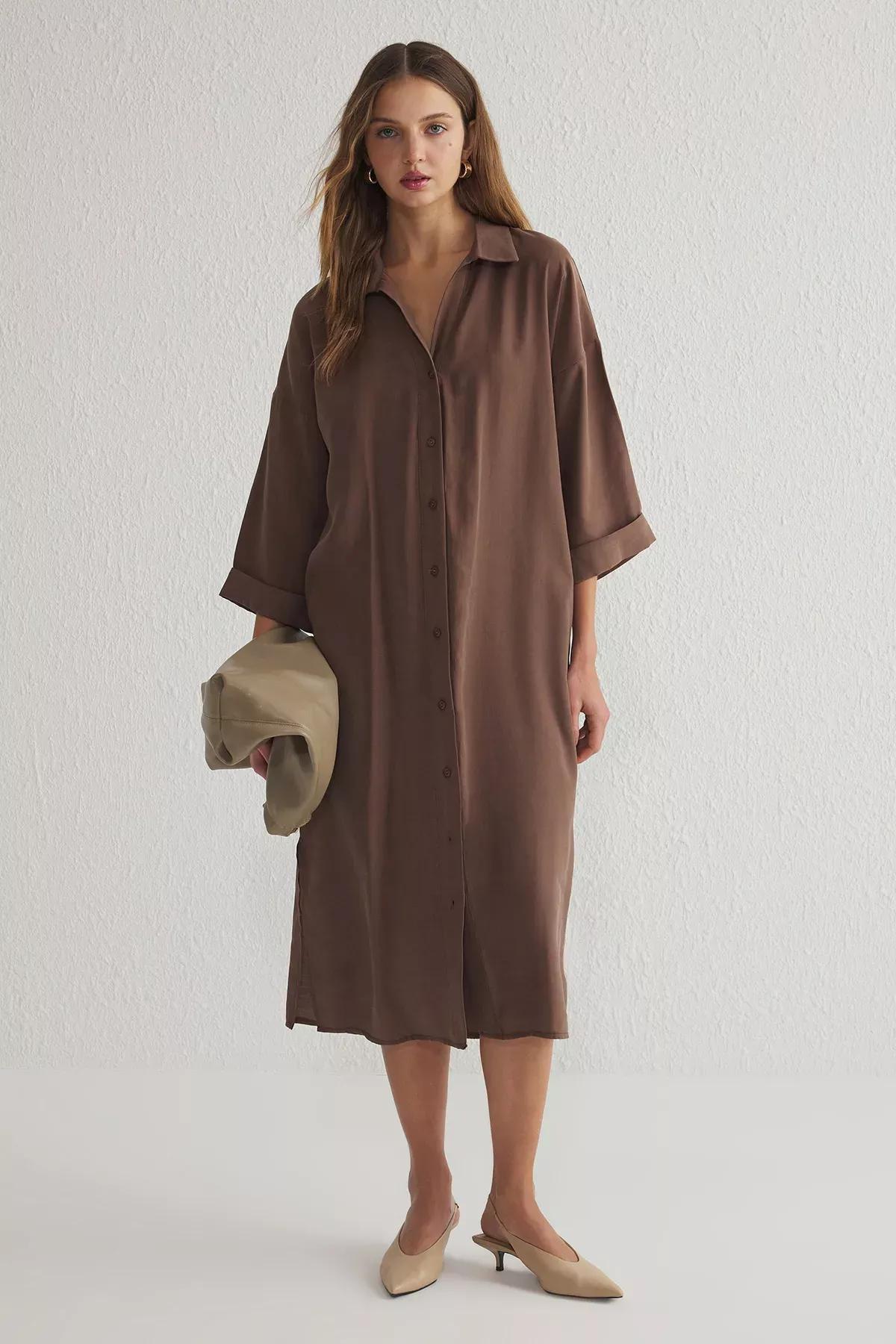 Brown Wide Cut Midi Woven Shirt Dress, Brown, large image number 0