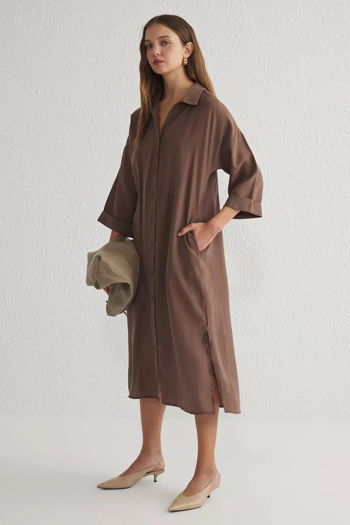 Brown Wide Cut Midi Woven Shirt Dress, Brown, large image number 1