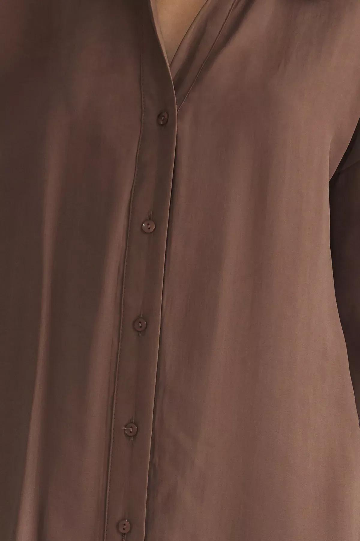 Brown Wide Cut Midi Woven Shirt Dress, Brown, large image number 2