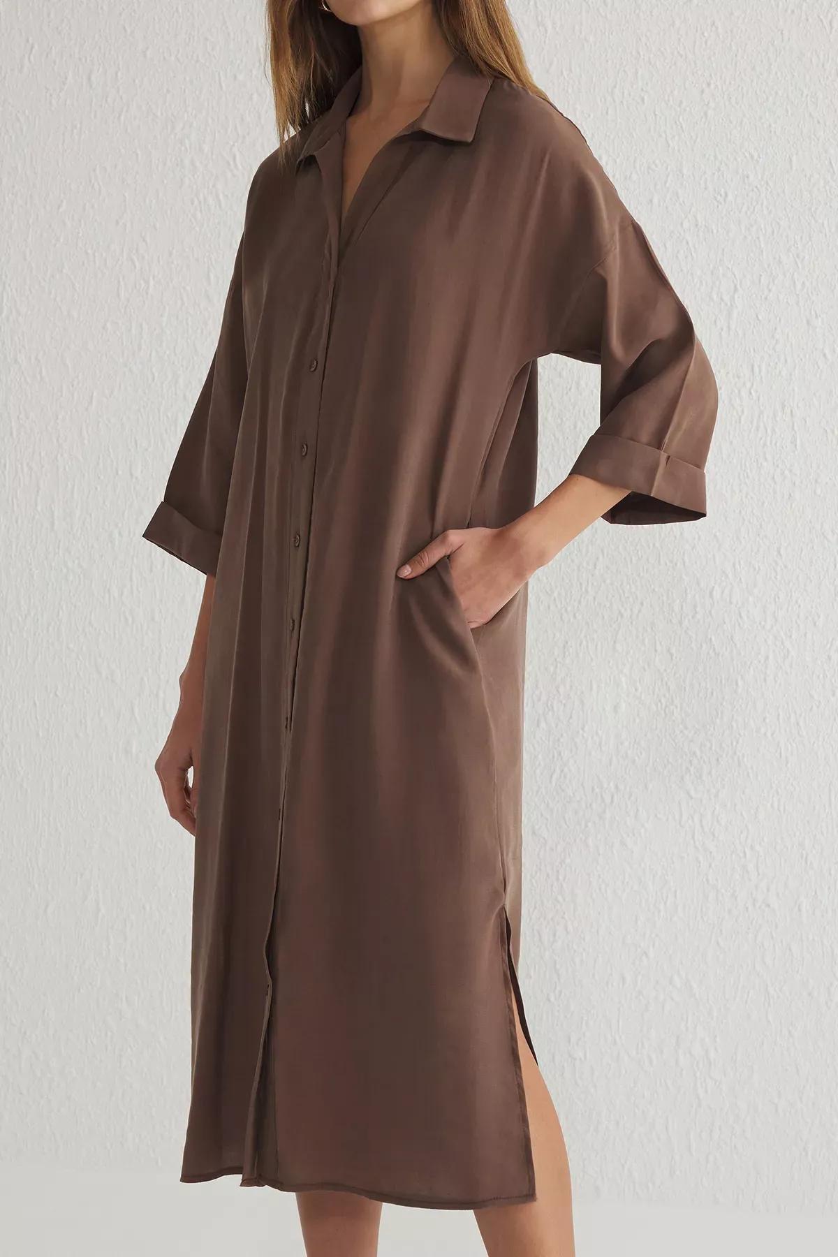 Brown Wide Cut Midi Woven Shirt Dress, Brown, large image number 3