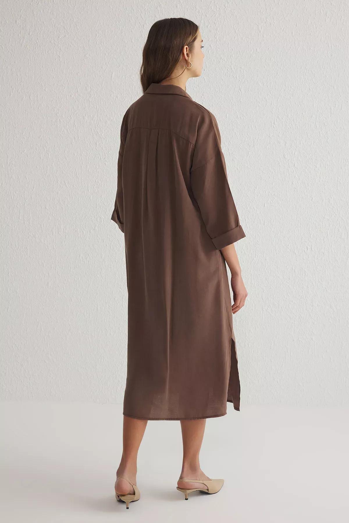 Brown Wide Cut Midi Woven Shirt Dress, Brown, large image number 4