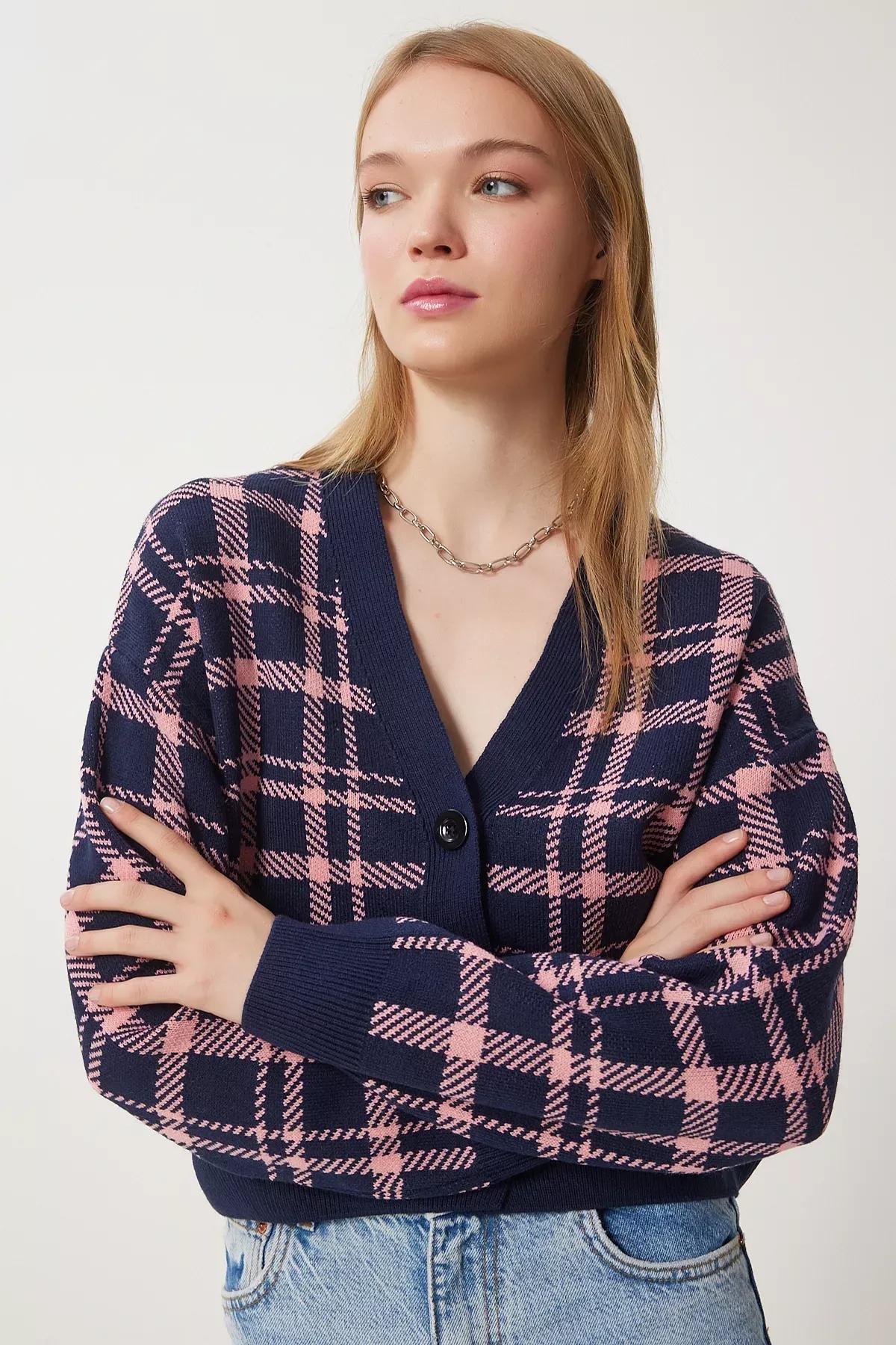 Navy Plaid Knit Cardigan, , large image number 1
