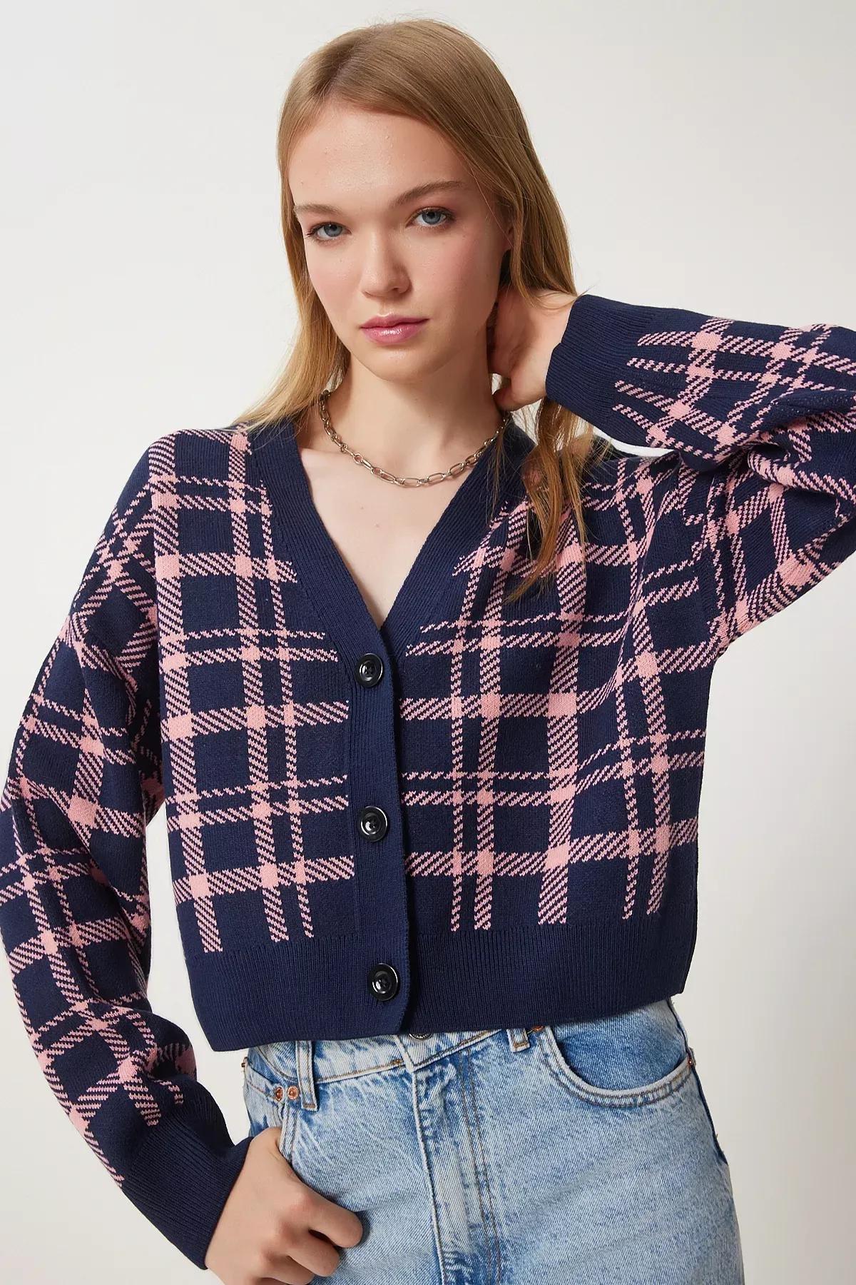 Navy Plaid Knit Cardigan, , large image number 2