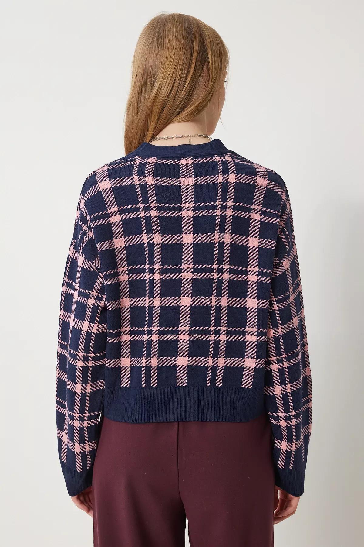 Navy Plaid Knit Cardigan, , large image number 4