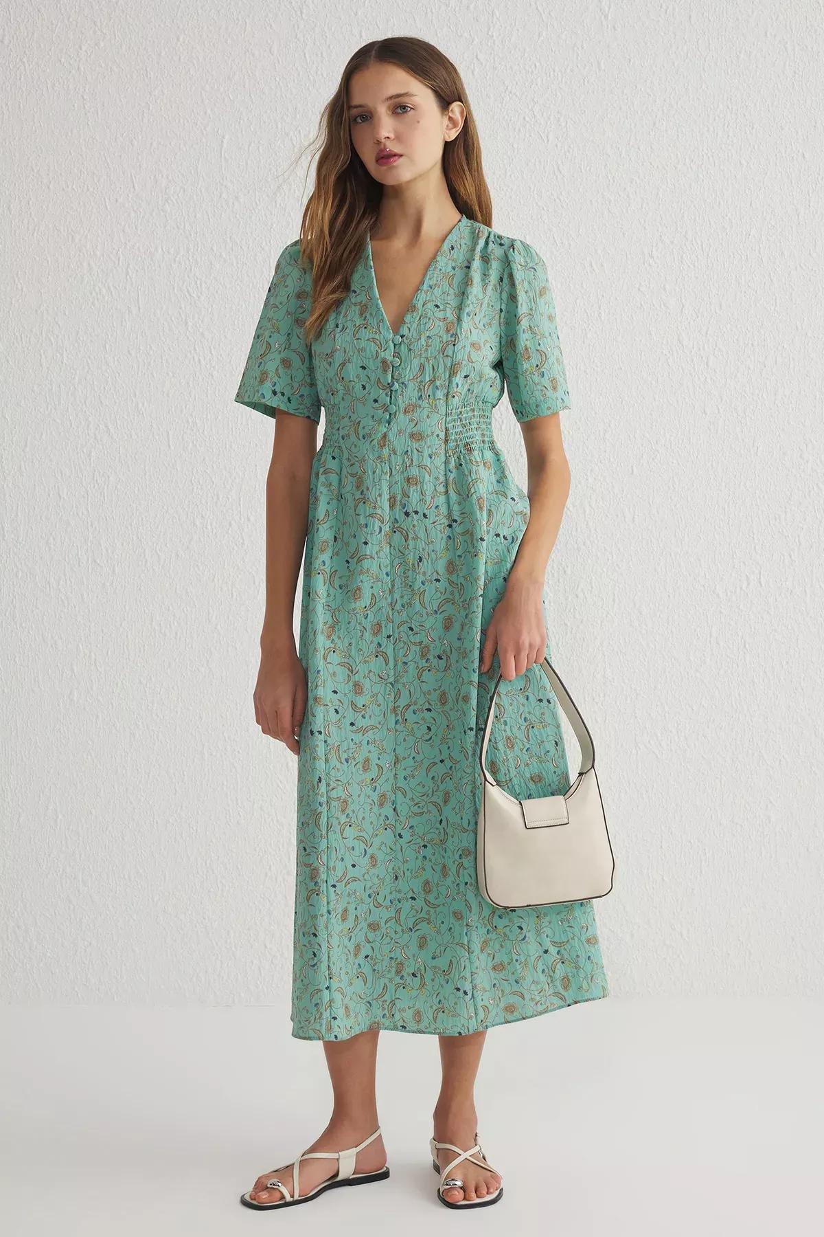 Green Floral A-Line Gipel Midi Dress, , large image number 0