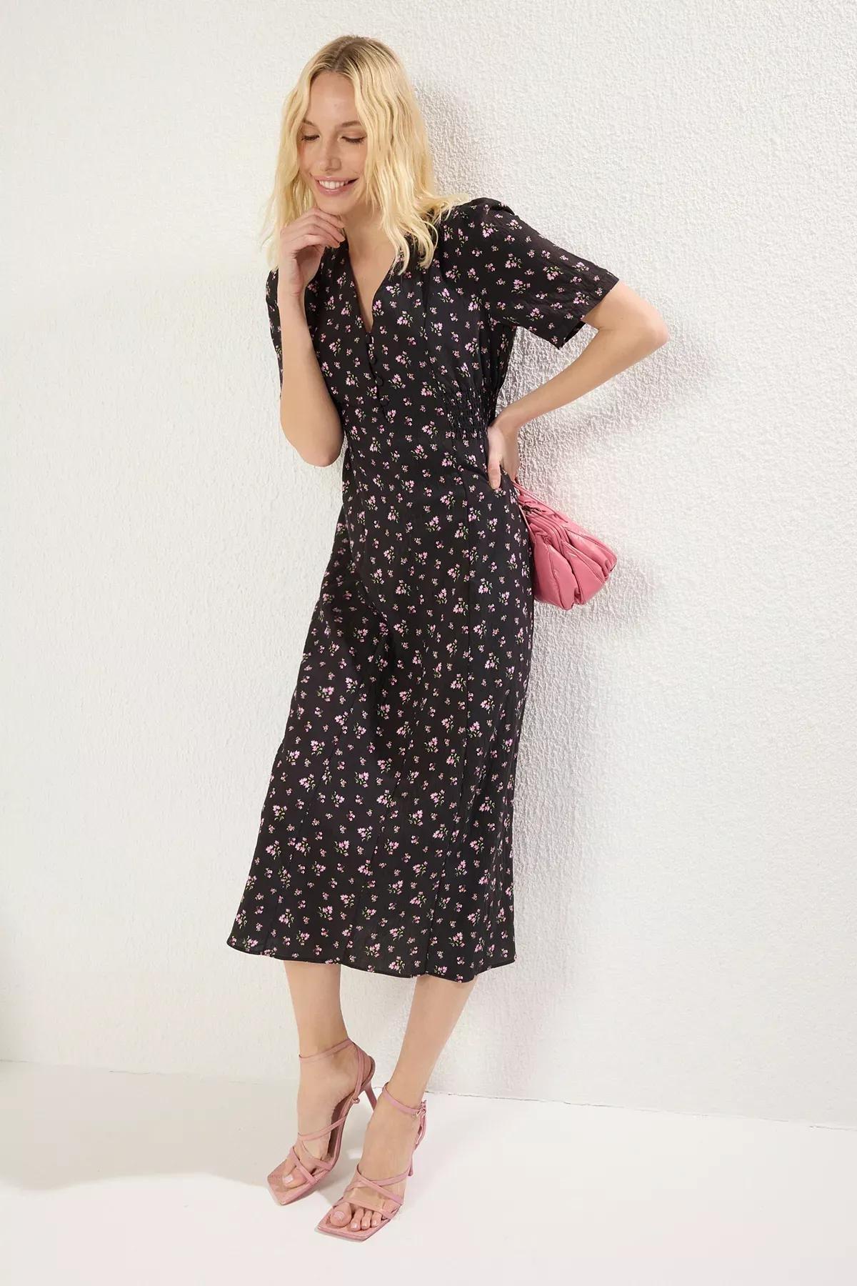 Black Floral A-Line Midi Dress, , medium