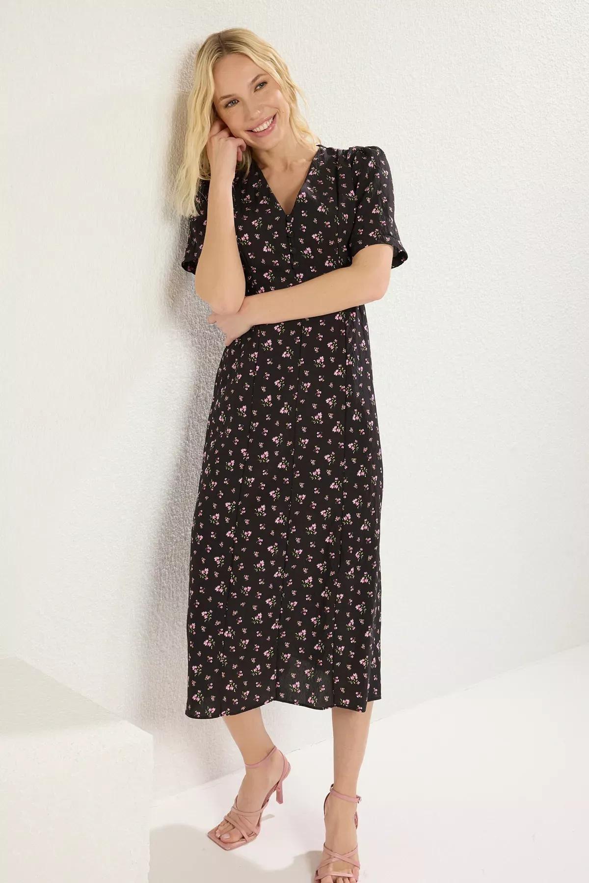 Black Floral A-Line Midi Dress, , large image number 1