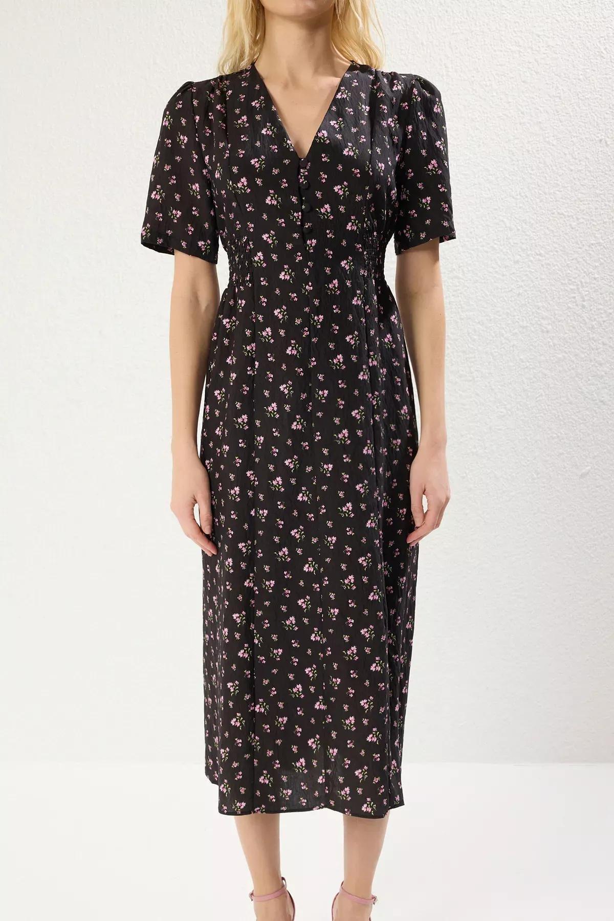 Black Floral A-Line Midi Dress, , large image number 2