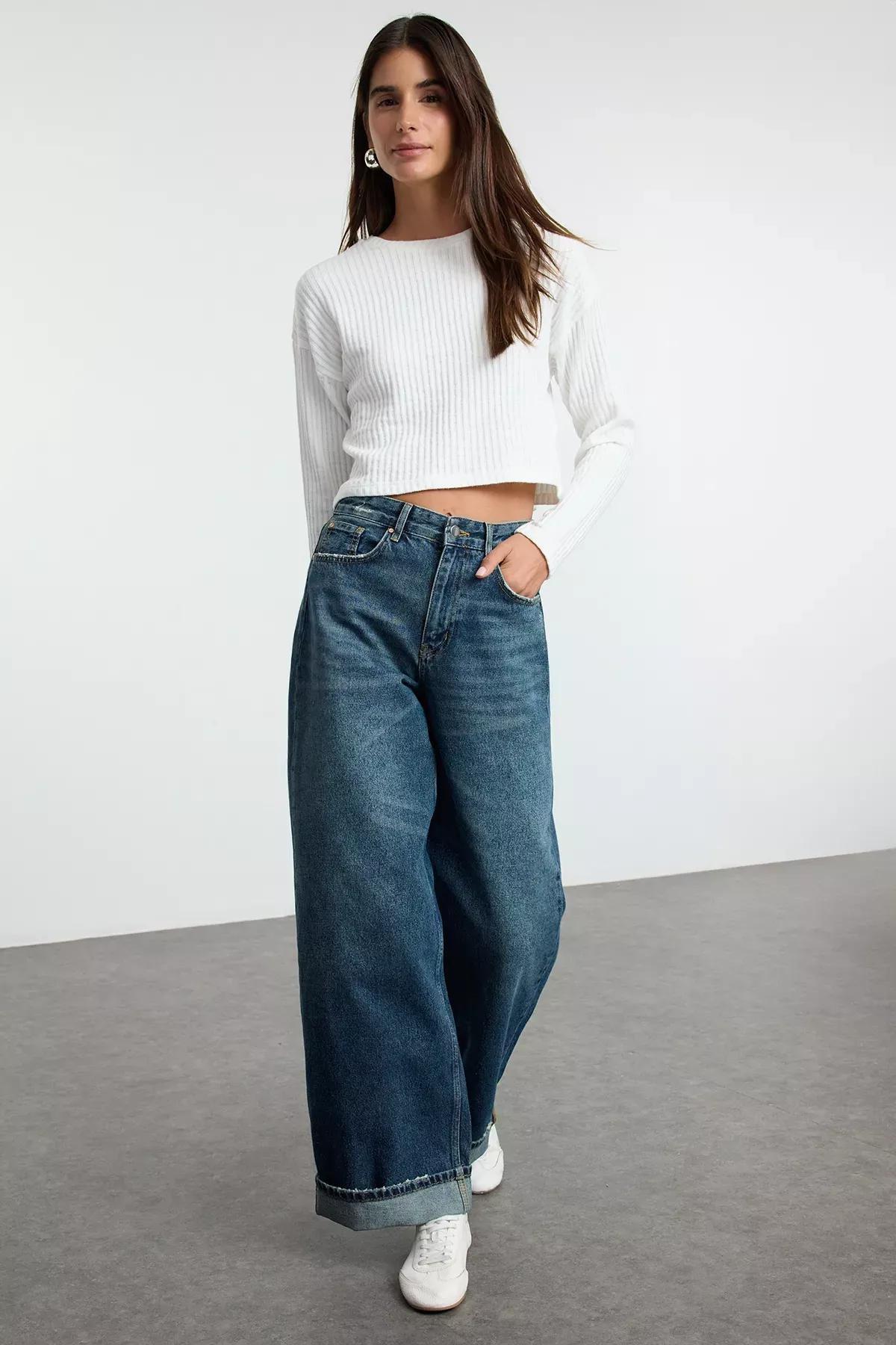 Blue Folded Leg Skater Jeans, DARK BLUE, large image number 0