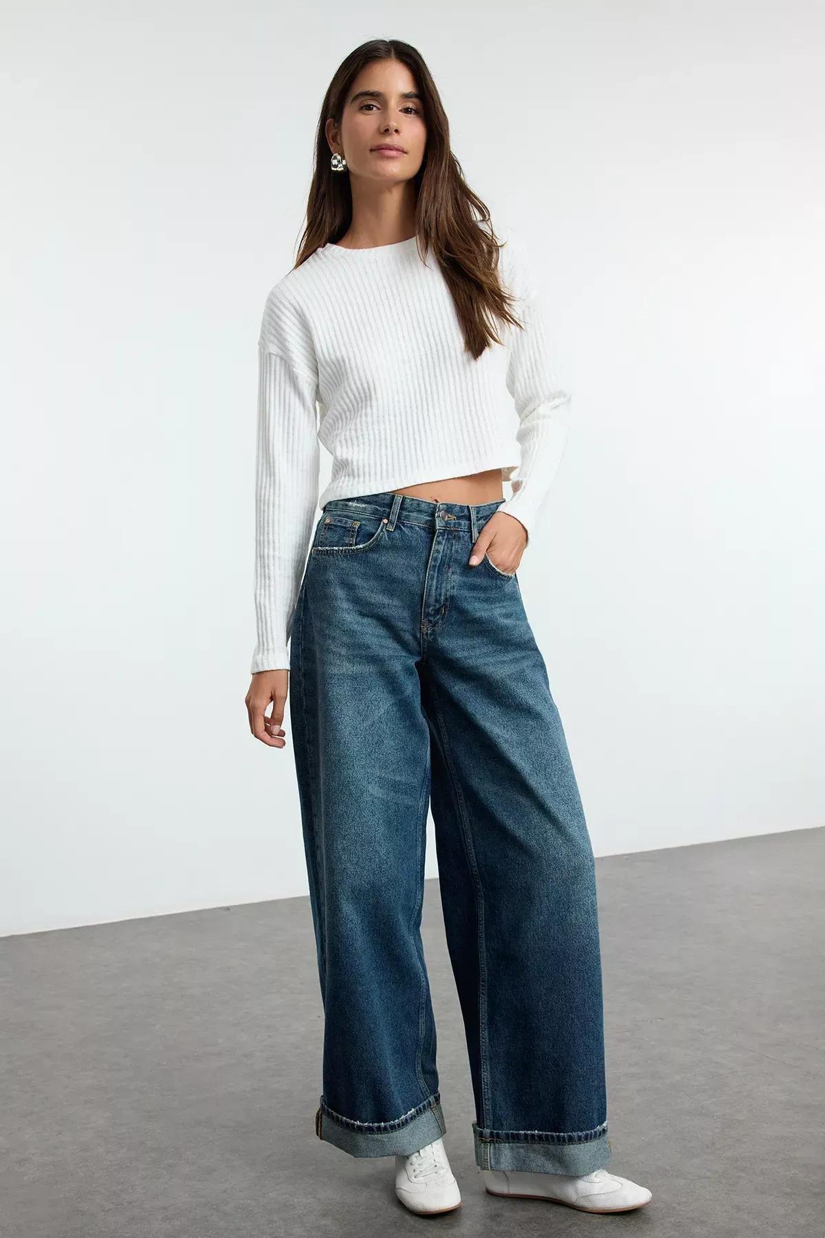 Blue Folded Leg Skater Jeans, DARK BLUE, medium