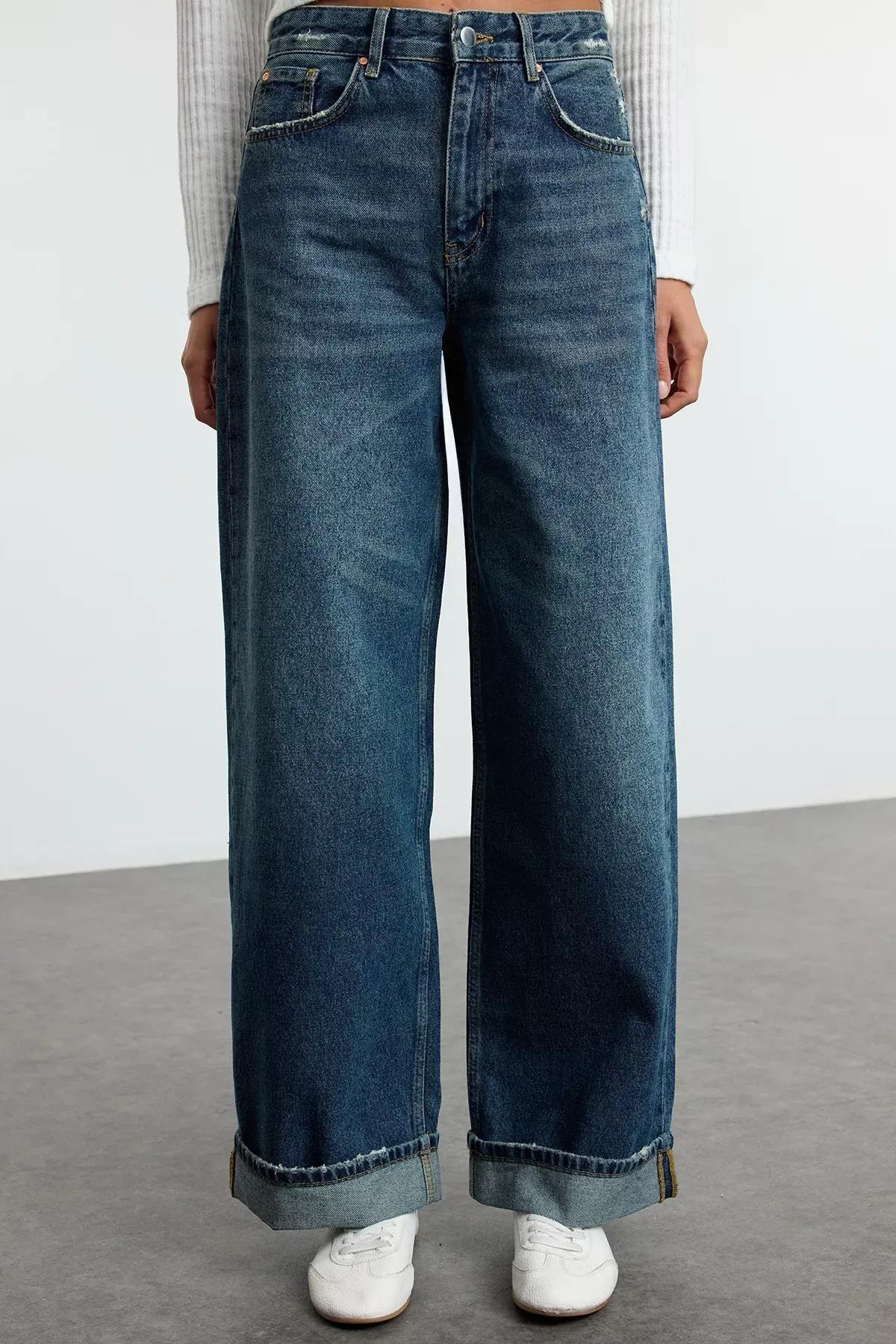 Blue Folded Leg Skater Jeans, DARK BLUE, large image number 2