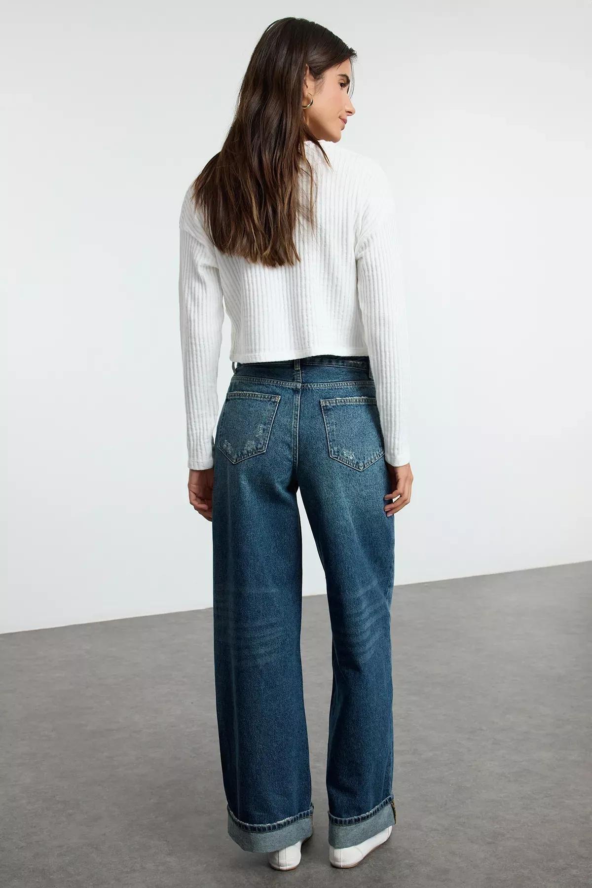 Blue Folded Leg Skater Jeans, DARK BLUE, large image number 4