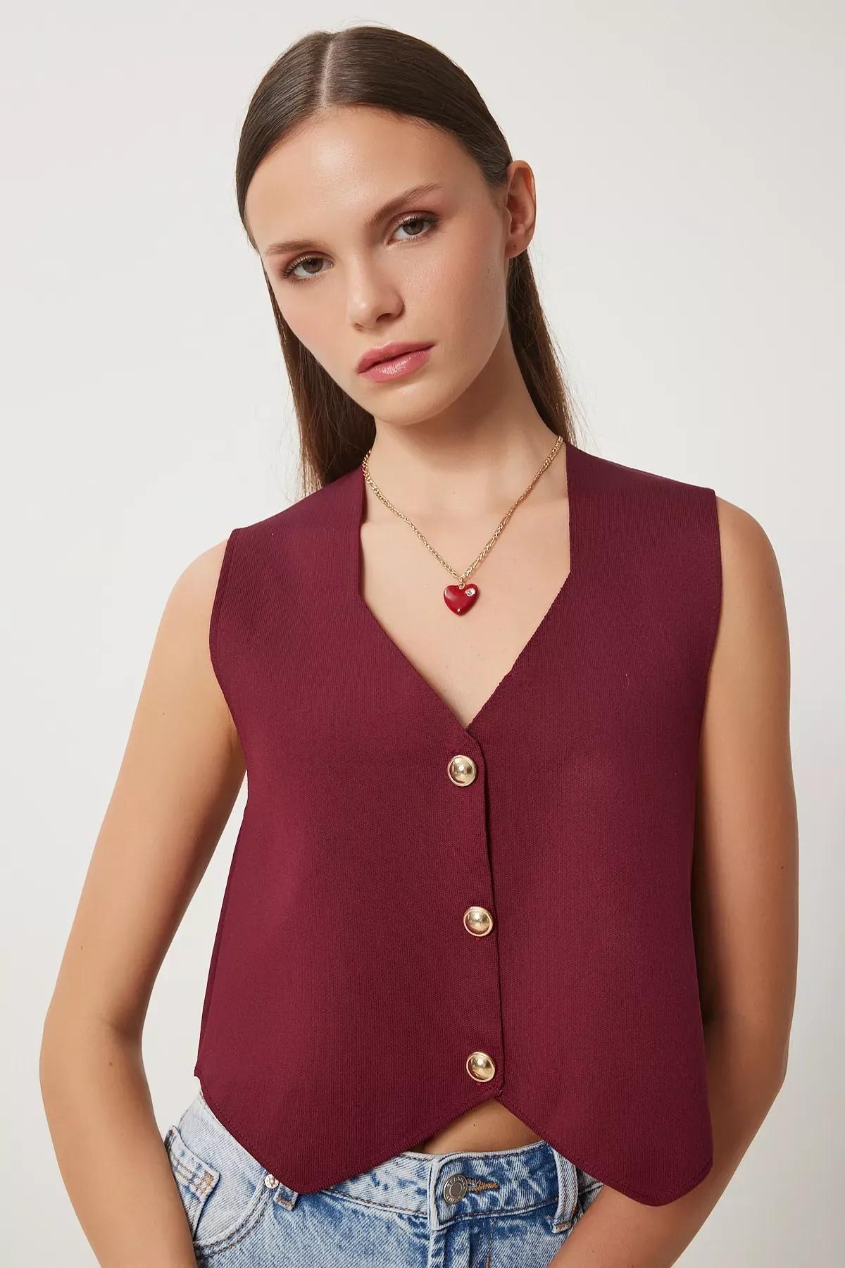 Burgundy Stylish Buttoned Knit Vest, C101_7277, large image number 0