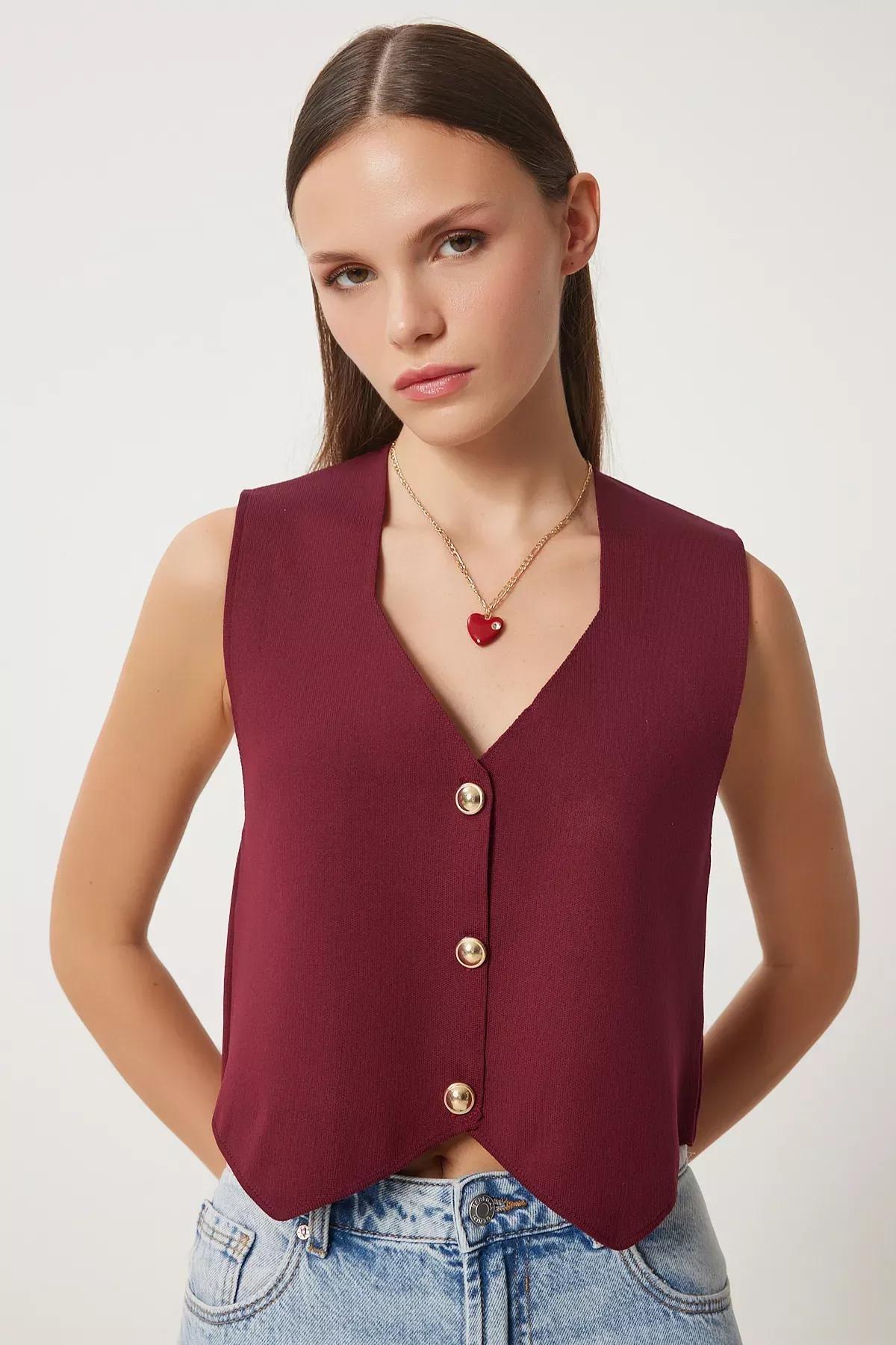 Burgundy Stylish Buttoned Knit Vest, C101_7277, large image number 1