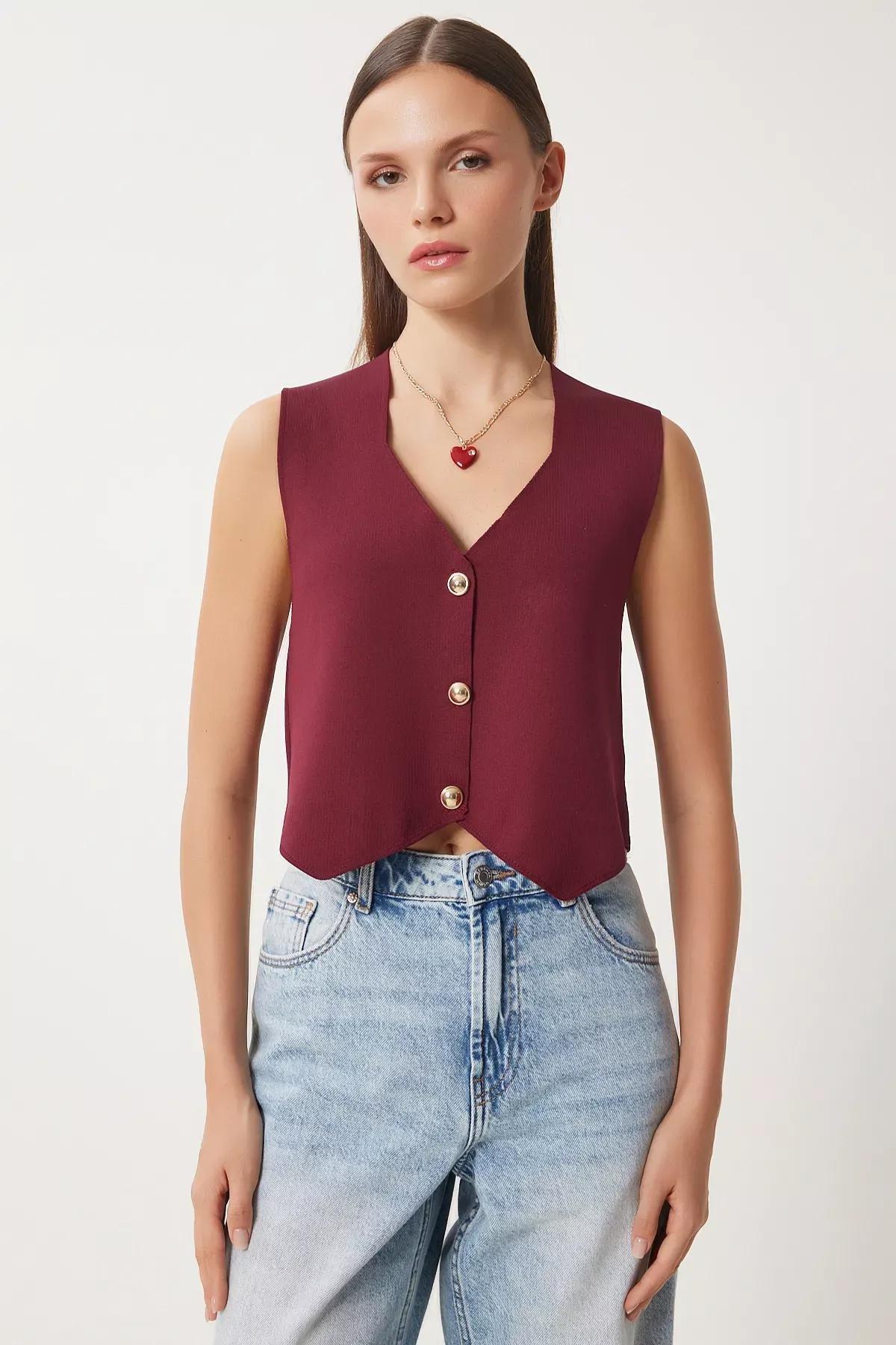 Burgundy Stylish Buttoned Knit Vest, C101_7277, large image number 2