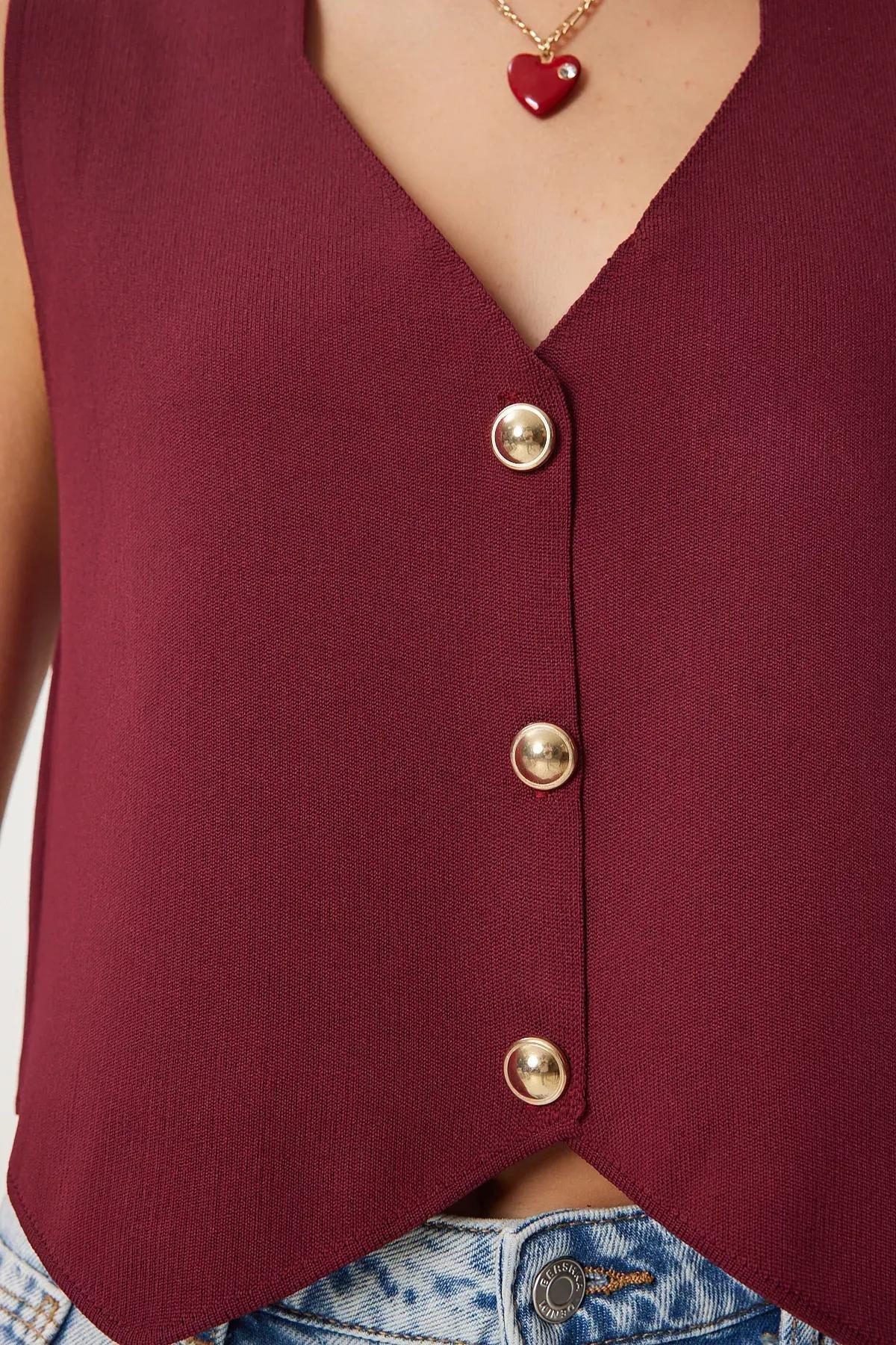 Burgundy Stylish Buttoned Knit Vest, C101_7277, large image number 3