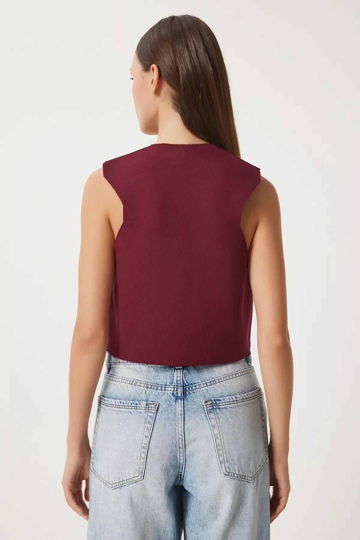 Burgundy Stylish Buttoned Knit Vest, C101_7277, large image number 4