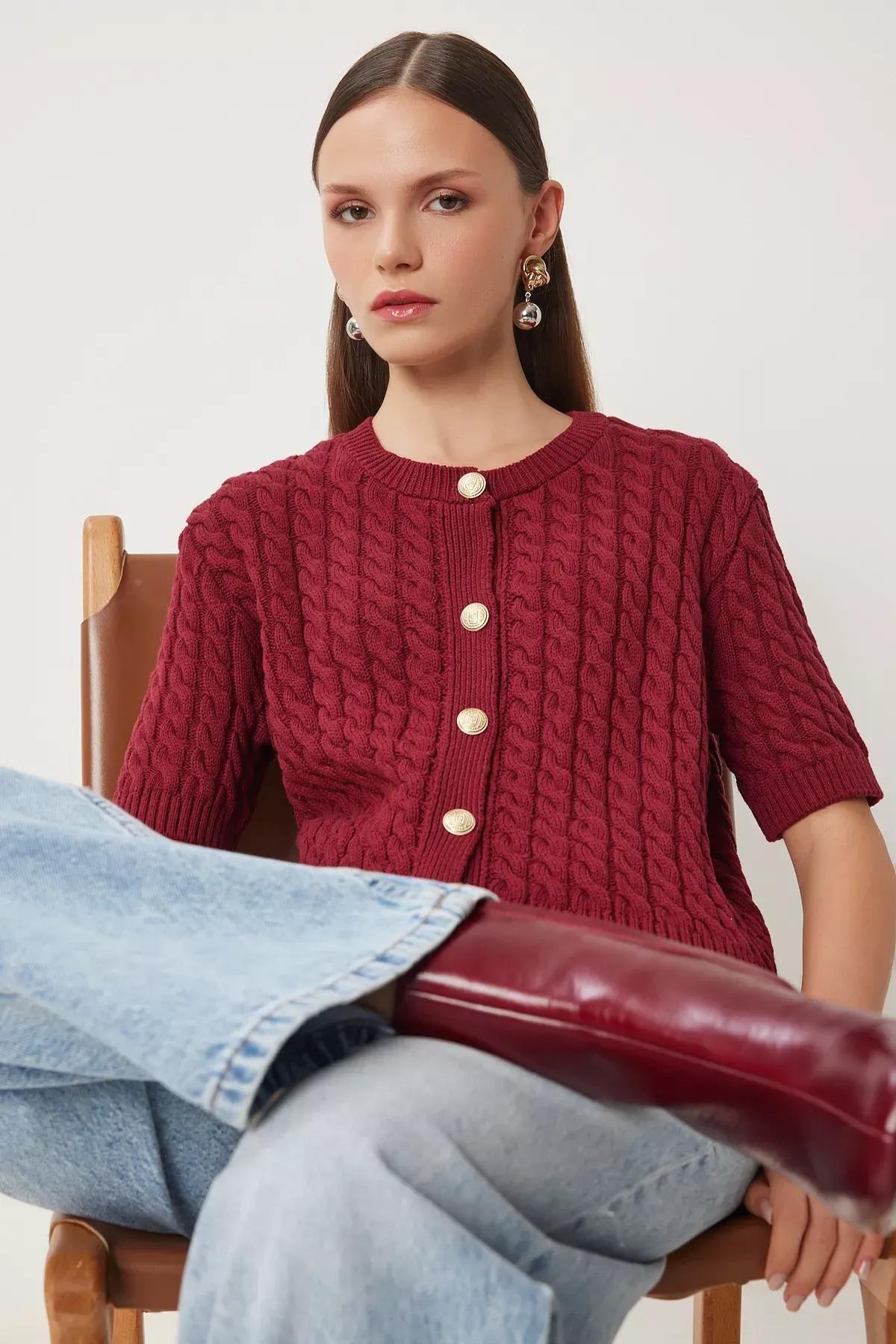 Burgundy Crew Neck Knitted Sweater Cardigan, Burgundy, large image number 0