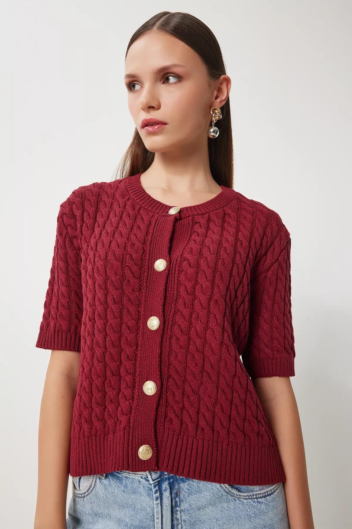 Burgundy Crew Neck Knitted Sweater Cardigan, Burgundy, large image number 1