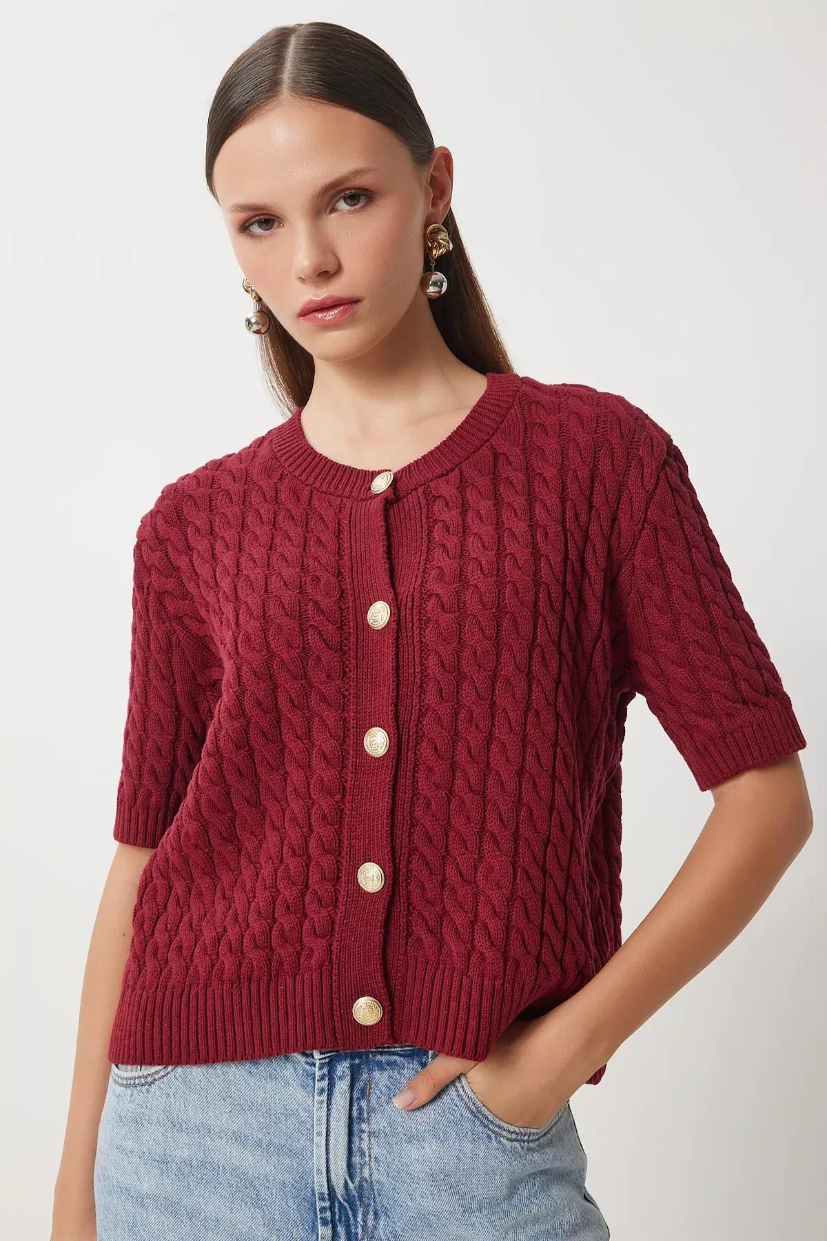 Burgundy Crew Neck Knitted Sweater Cardigan, Burgundy, large image number 2