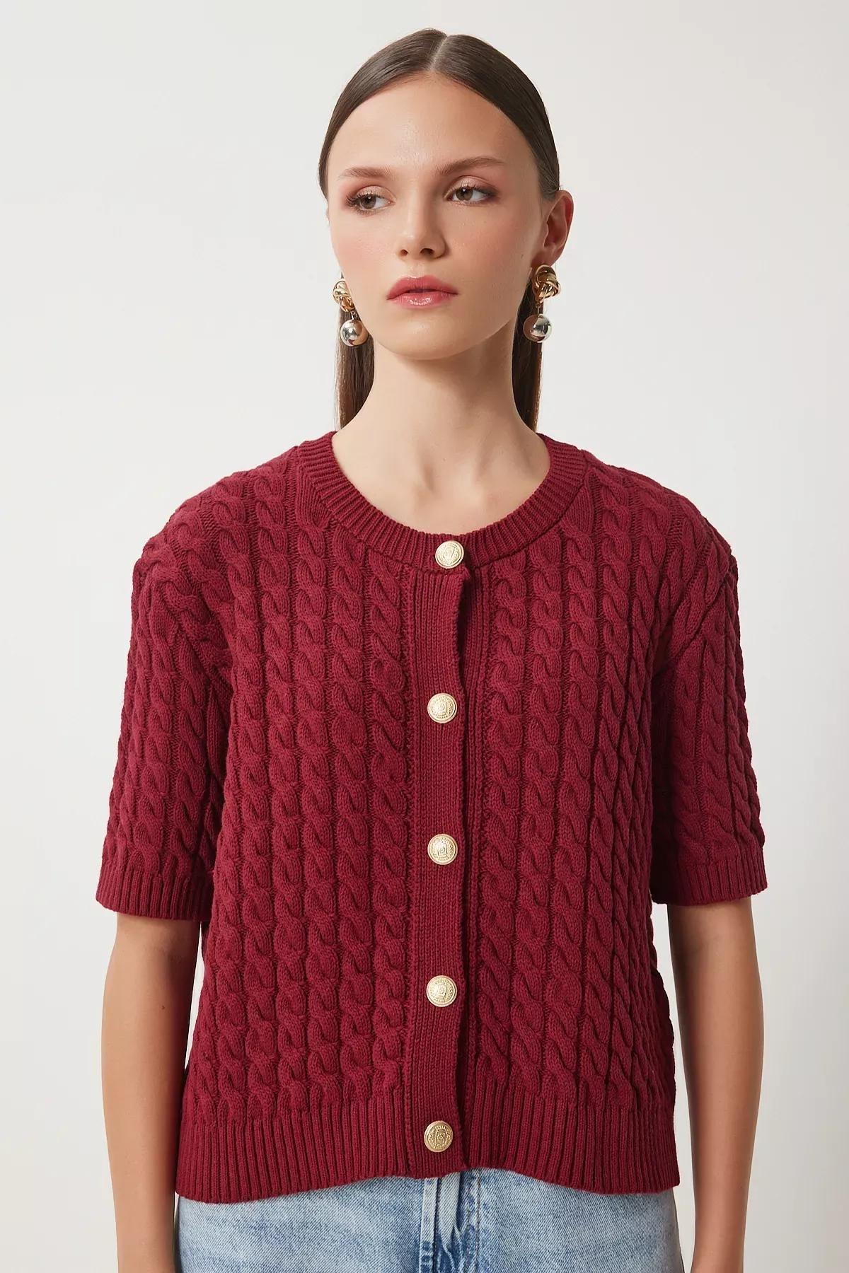 Burgundy Crew Neck Knitted Sweater Cardigan, Burgundy, large image number 3