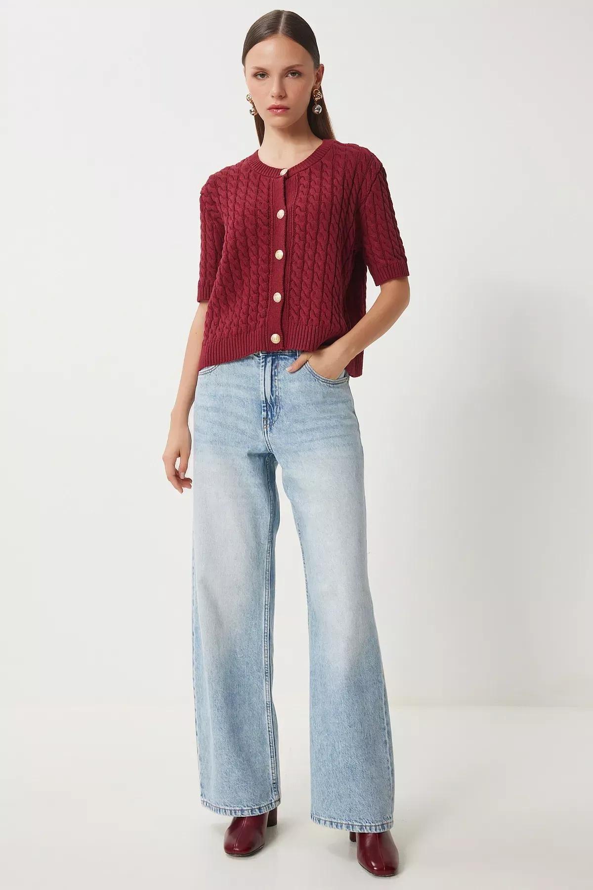 Burgundy Crew Neck Knitted Sweater Cardigan, Burgundy, large image number 4