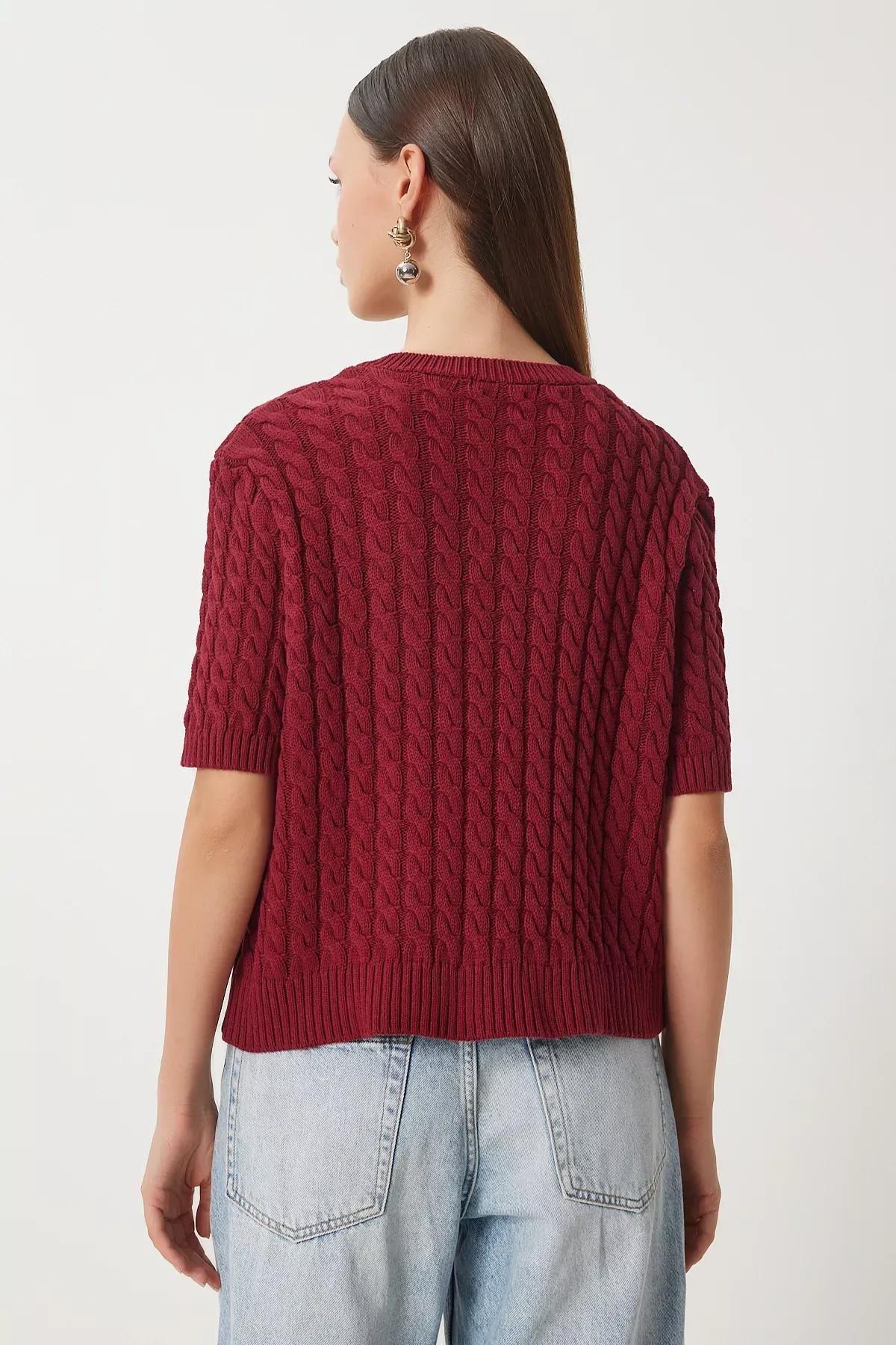 Burgundy Crew Neck Knitted Sweater Cardigan, Burgundy, large image number 5