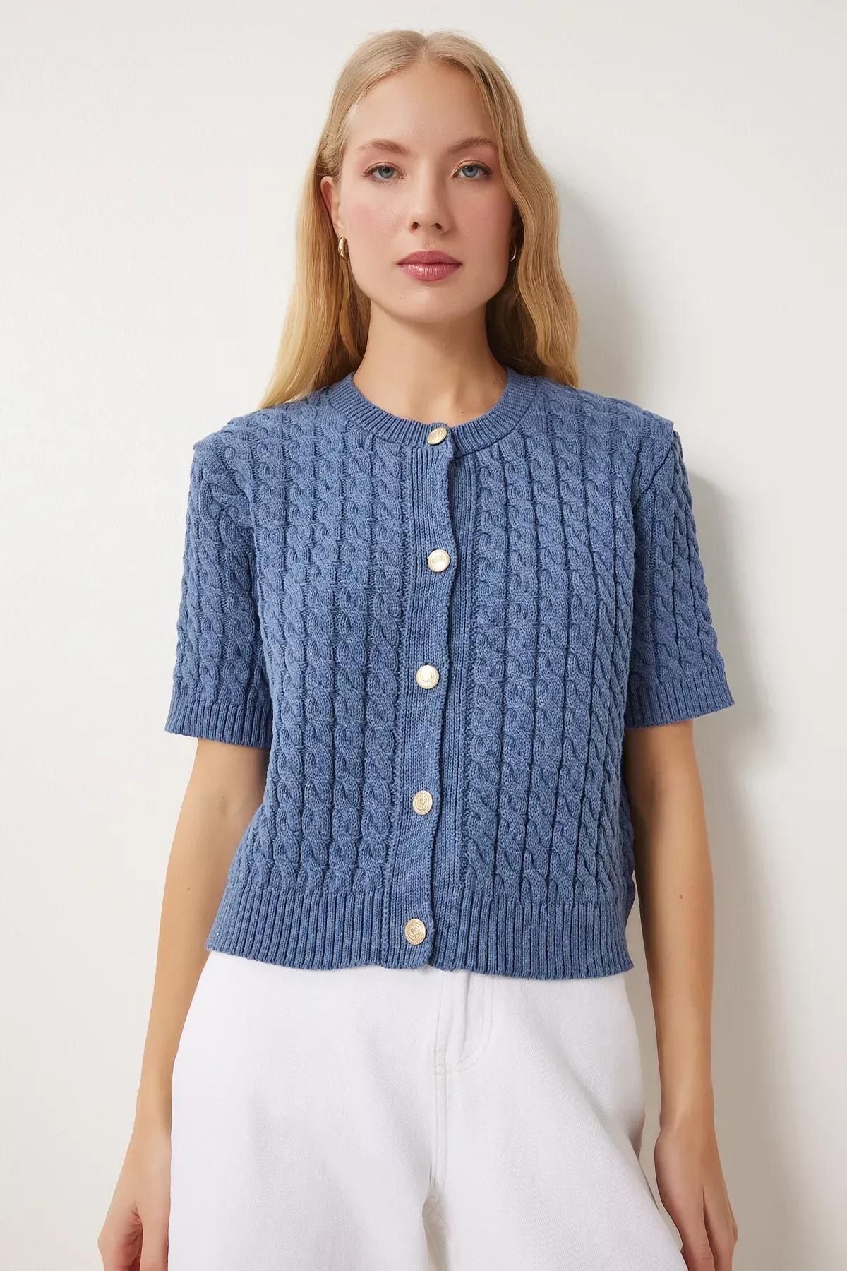 Blue Crew Neck Knitted Sweater Cardigan, INDIGO BLUE, large image number 1
