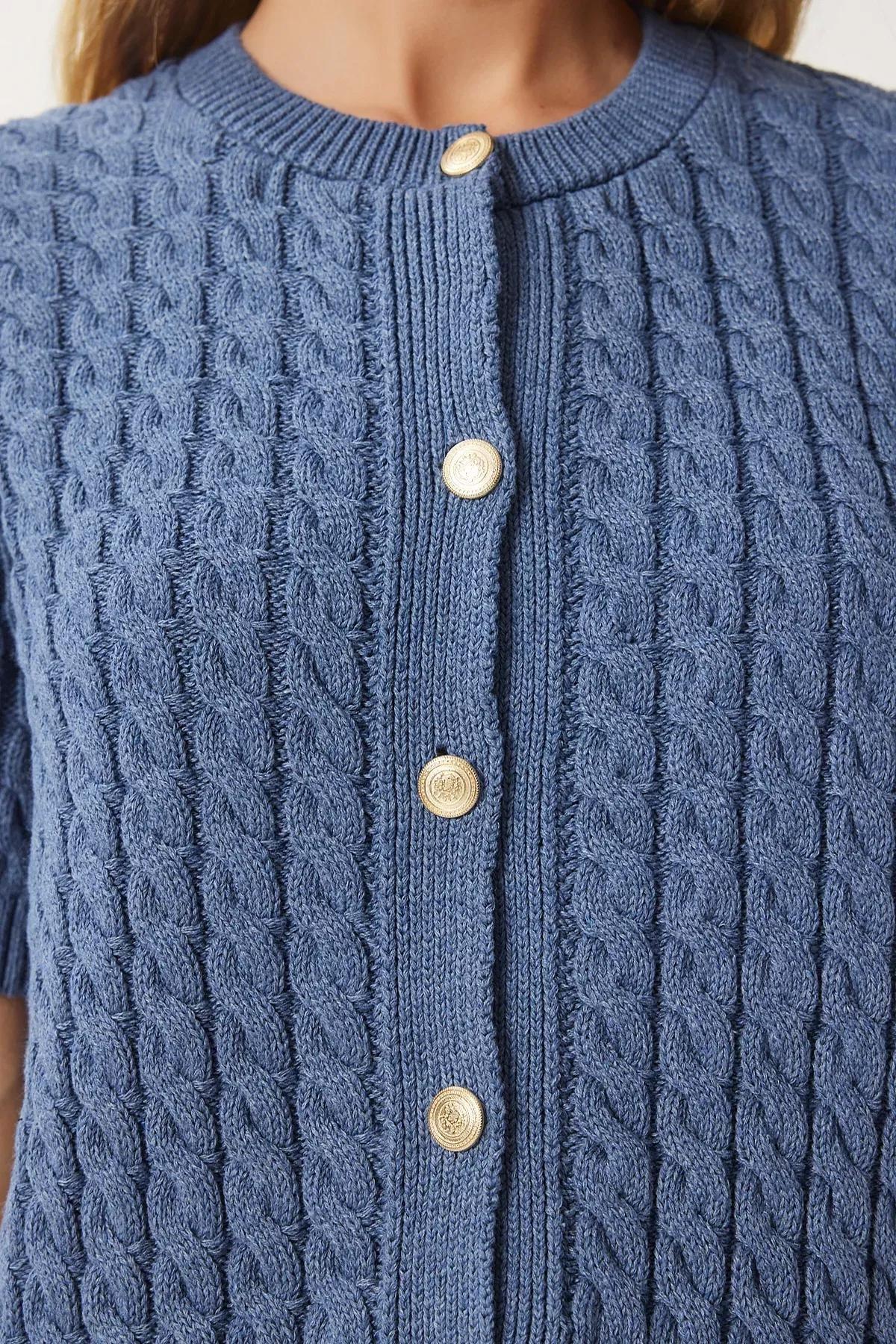 Blue Crew Neck Knitted Sweater Cardigan, INDIGO BLUE, large image number 2