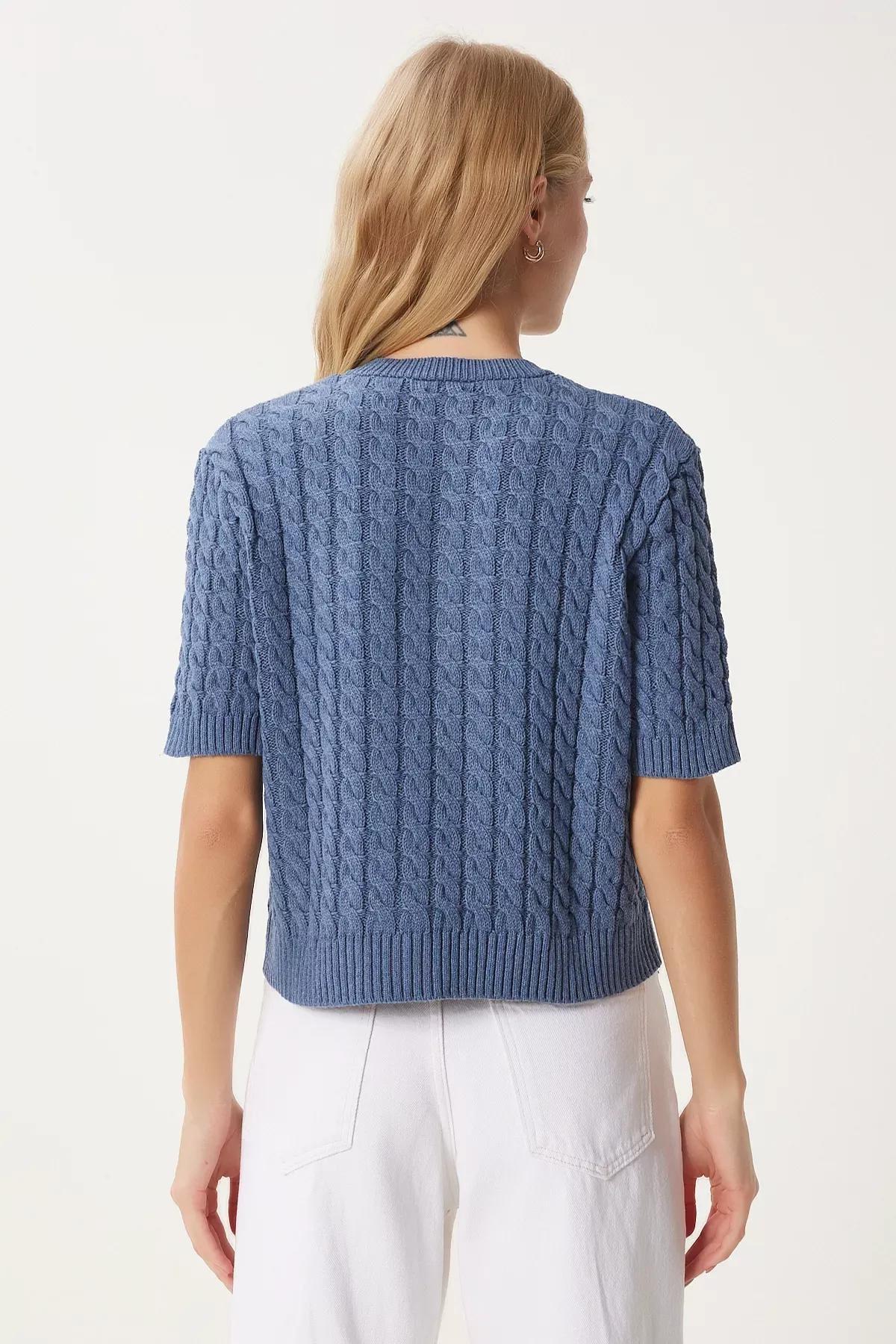 Blue Crew Neck Knitted Sweater Cardigan, INDIGO BLUE, large image number 3