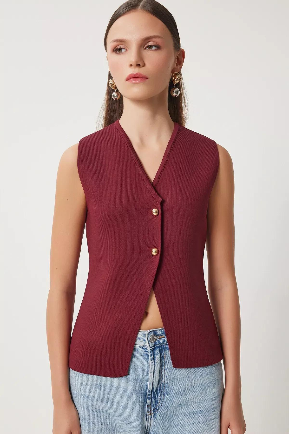 Burgundy V-Neck Buttoned Knit Vest, Burgundy, large image number 0