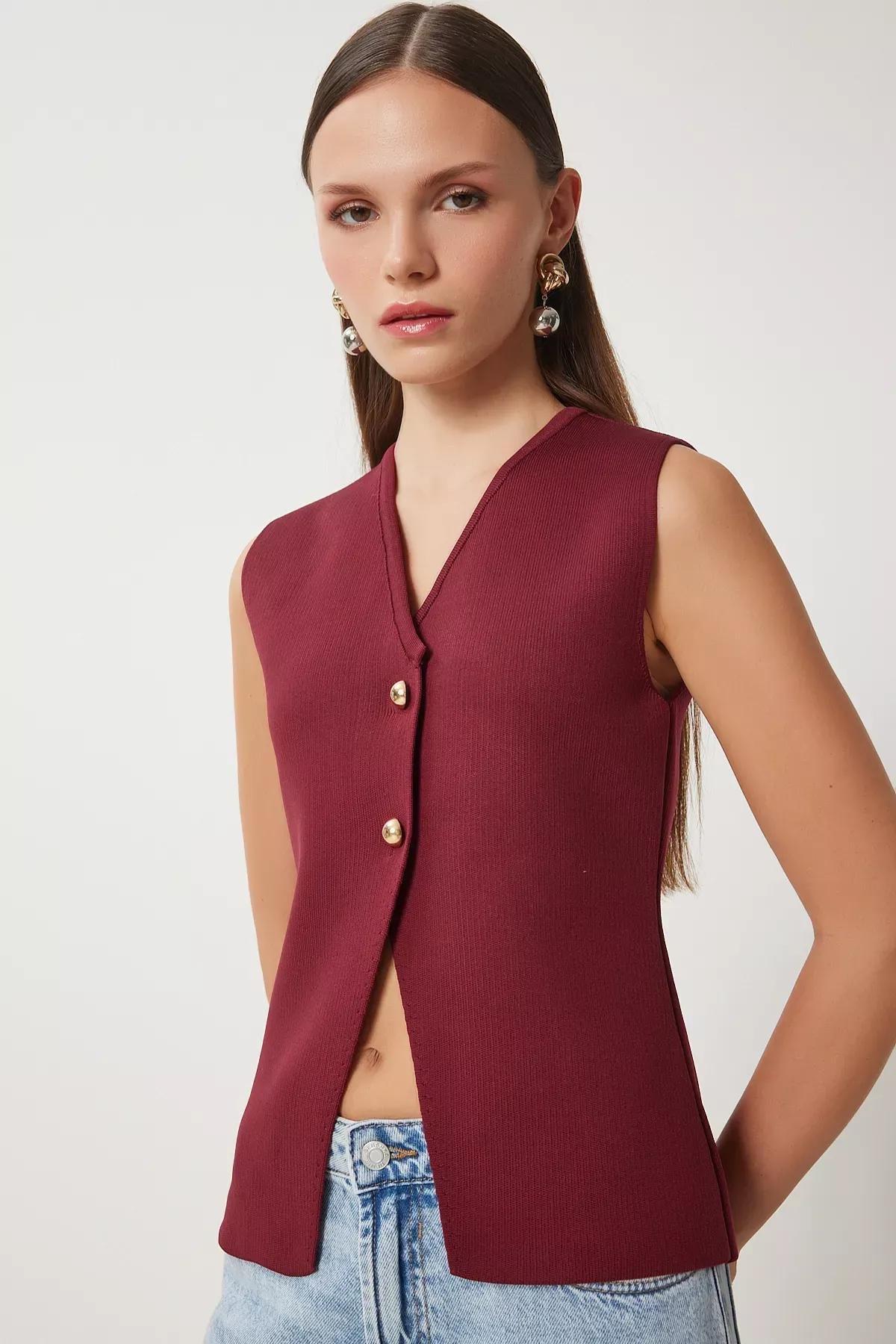 Burgundy V-Neck Buttoned Knit Vest, Burgundy, large image number 1