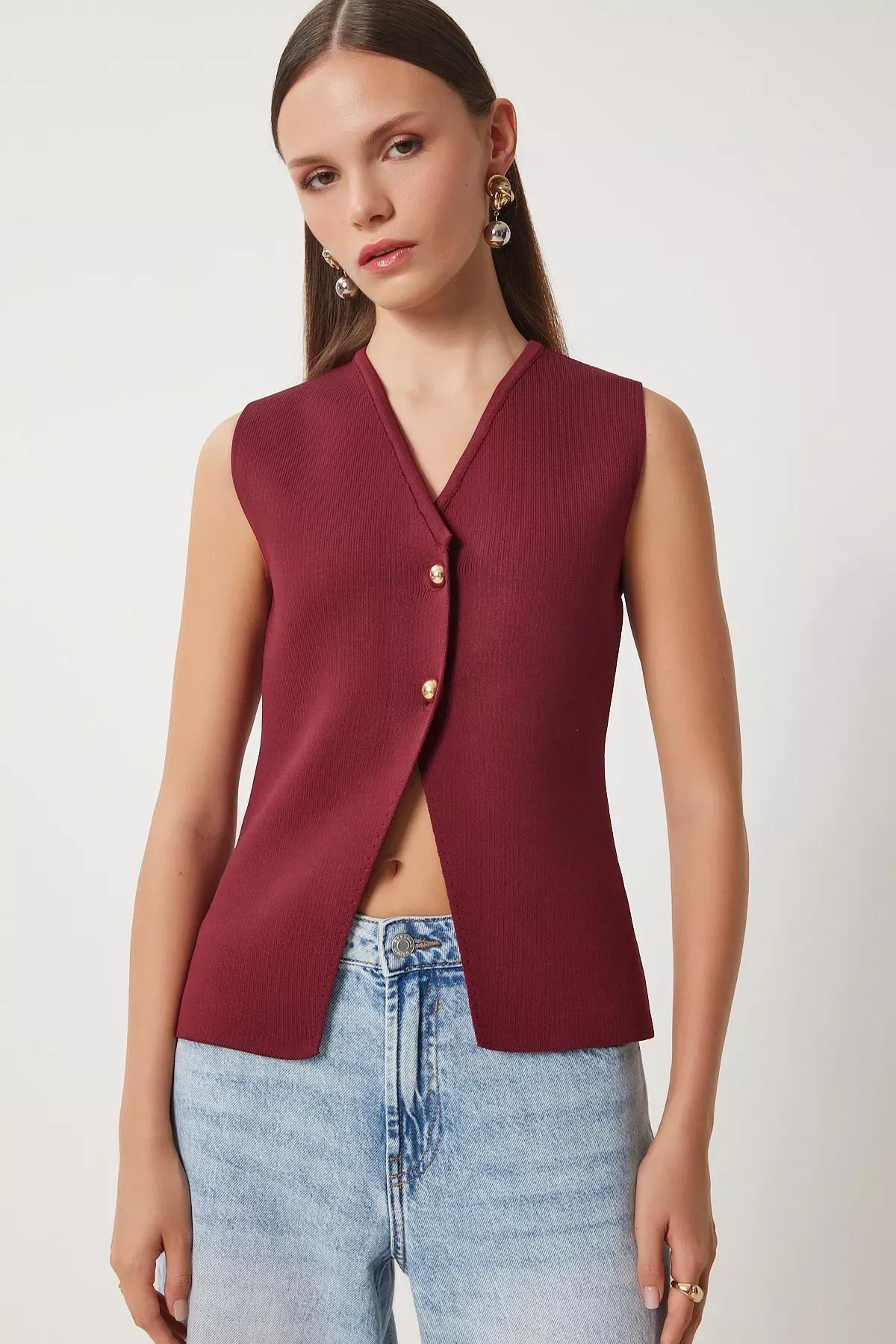 Burgundy V-Neck Buttoned Knit Vest, Burgundy, large image number 2