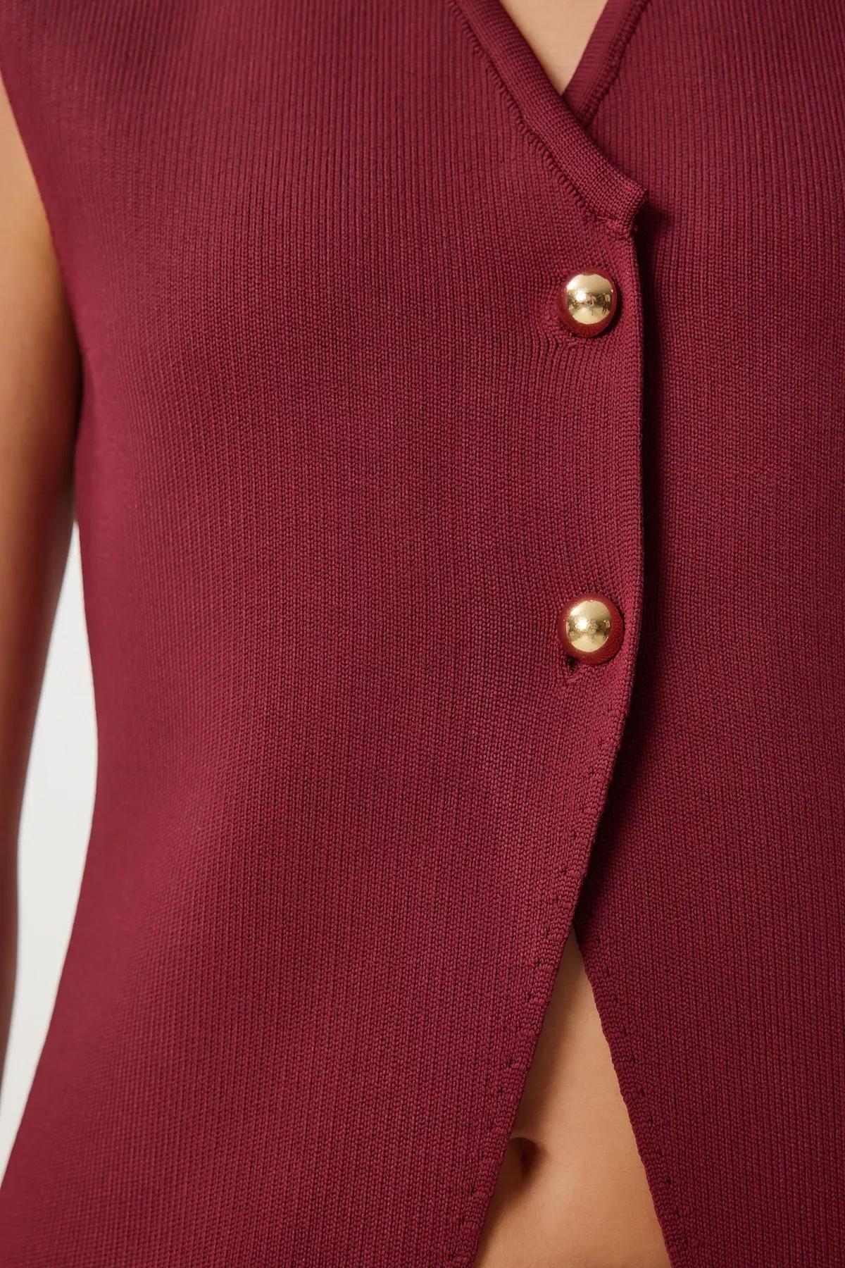 Burgundy V-Neck Buttoned Knit Vest, Burgundy, large image number 3