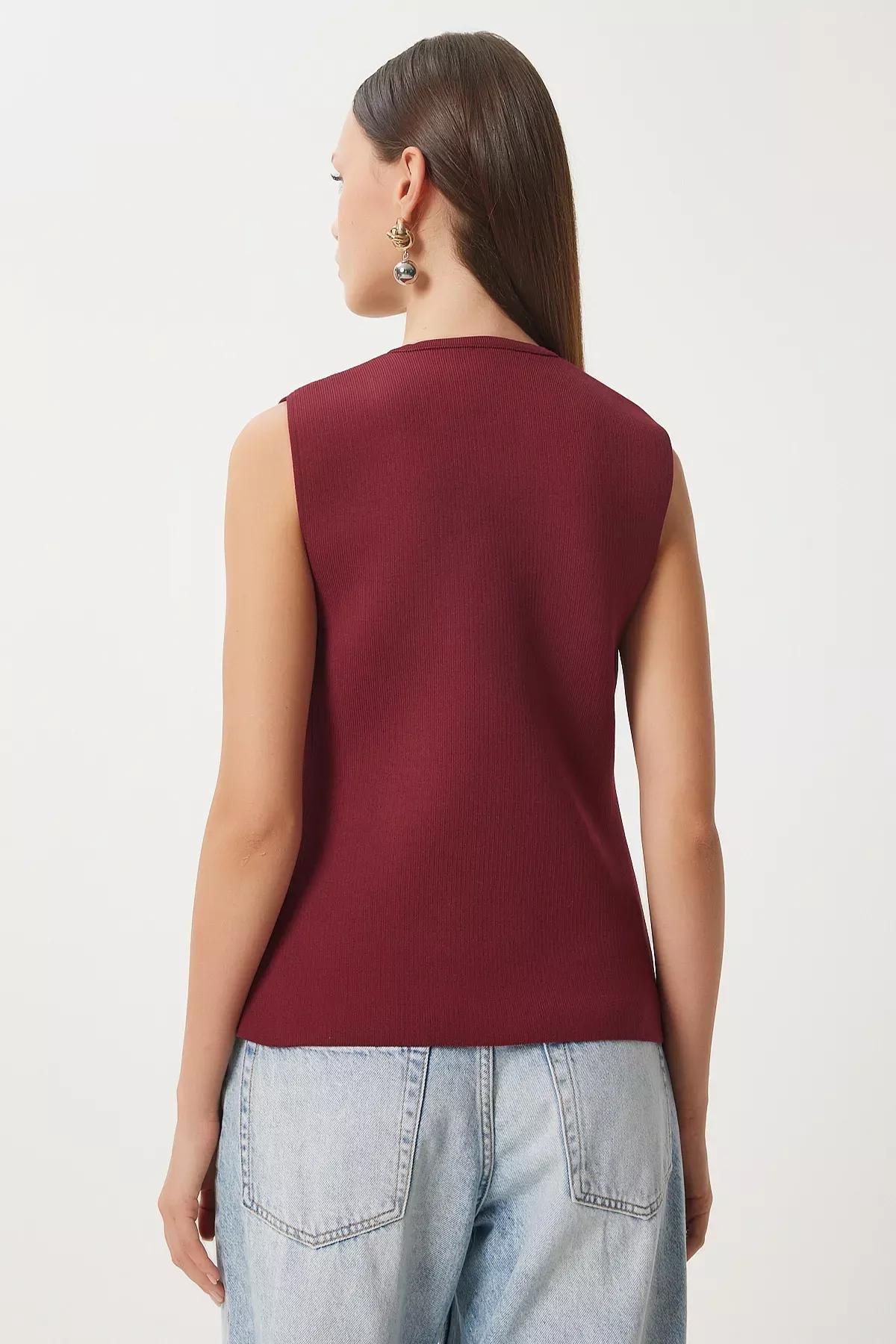 Burgundy V-Neck Buttoned Knit Vest, Burgundy, large image number 4