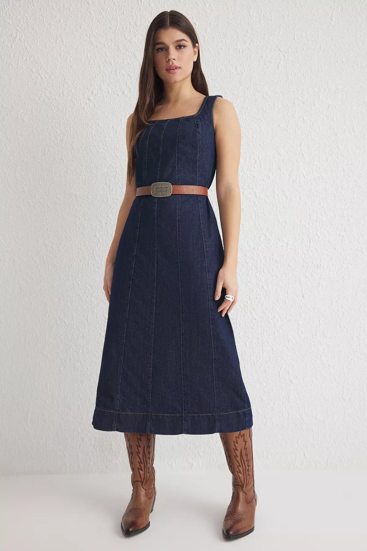 Blue Strappy Midi Denim Dress, , large image number 0