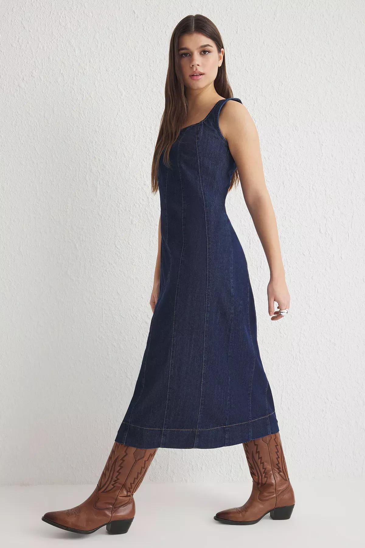 Blue Strappy Midi Denim Dress, , large image number 1