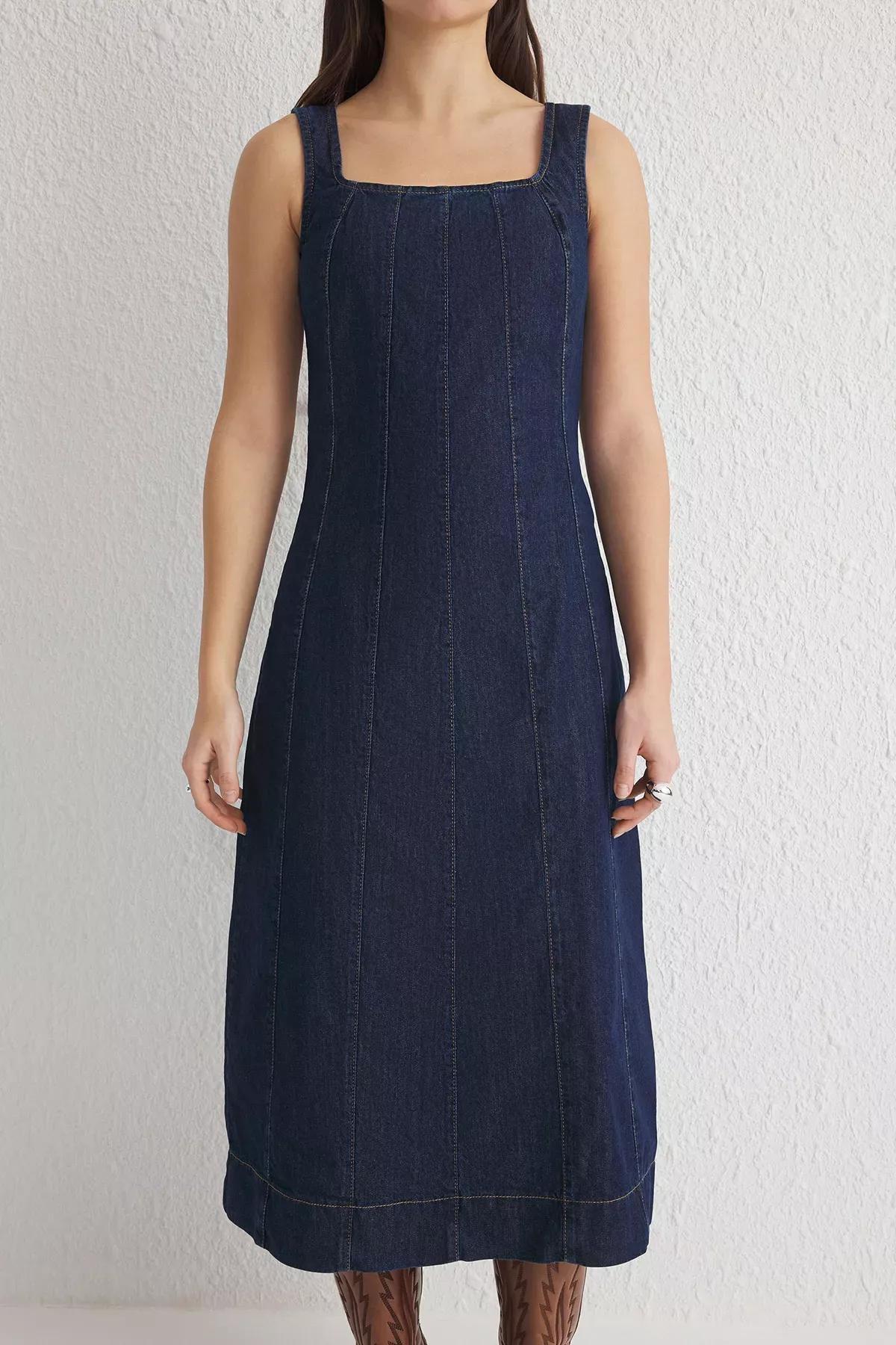 Blue Strappy Midi Denim Dress, , large image number 2