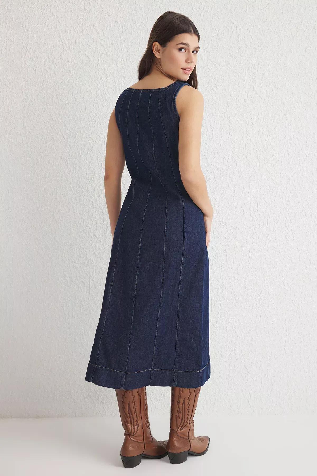 Blue Strappy Midi Denim Dress, , large image number 4